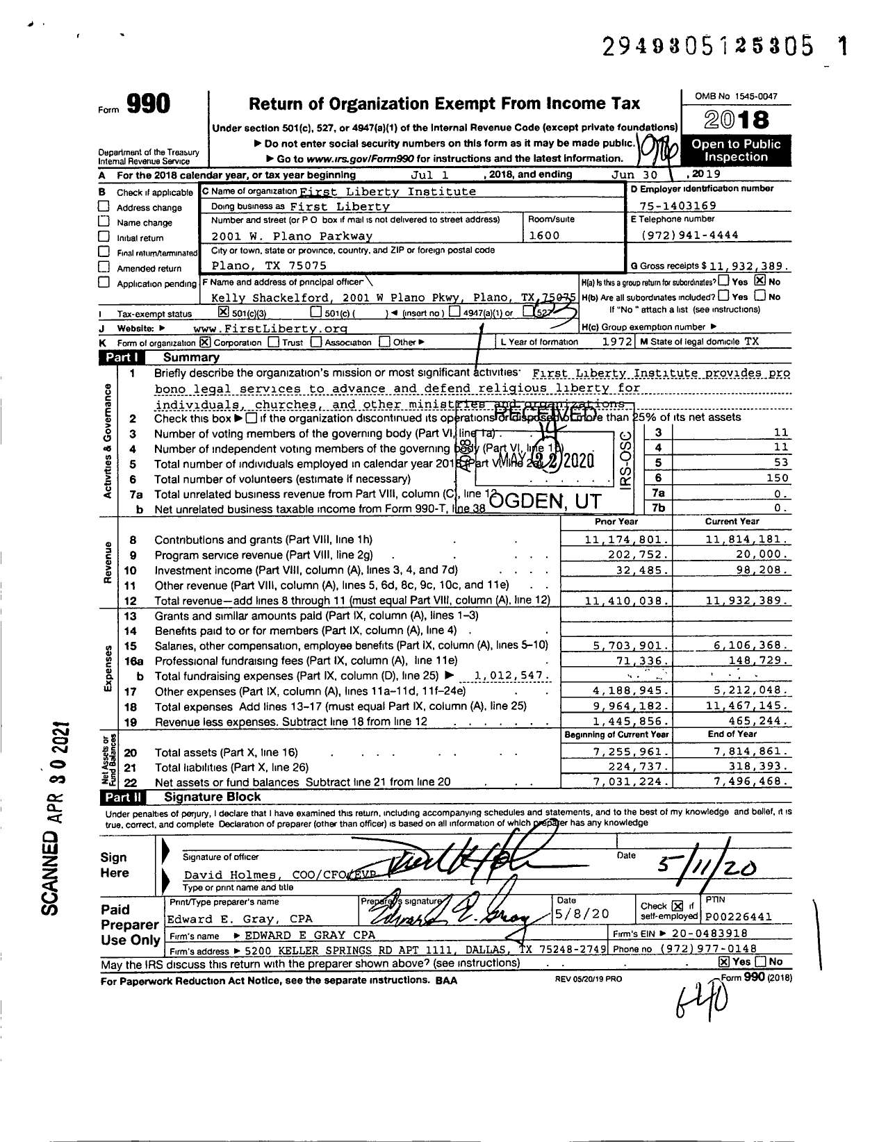 Image of first page of 2018 Form 990 for First Liberty