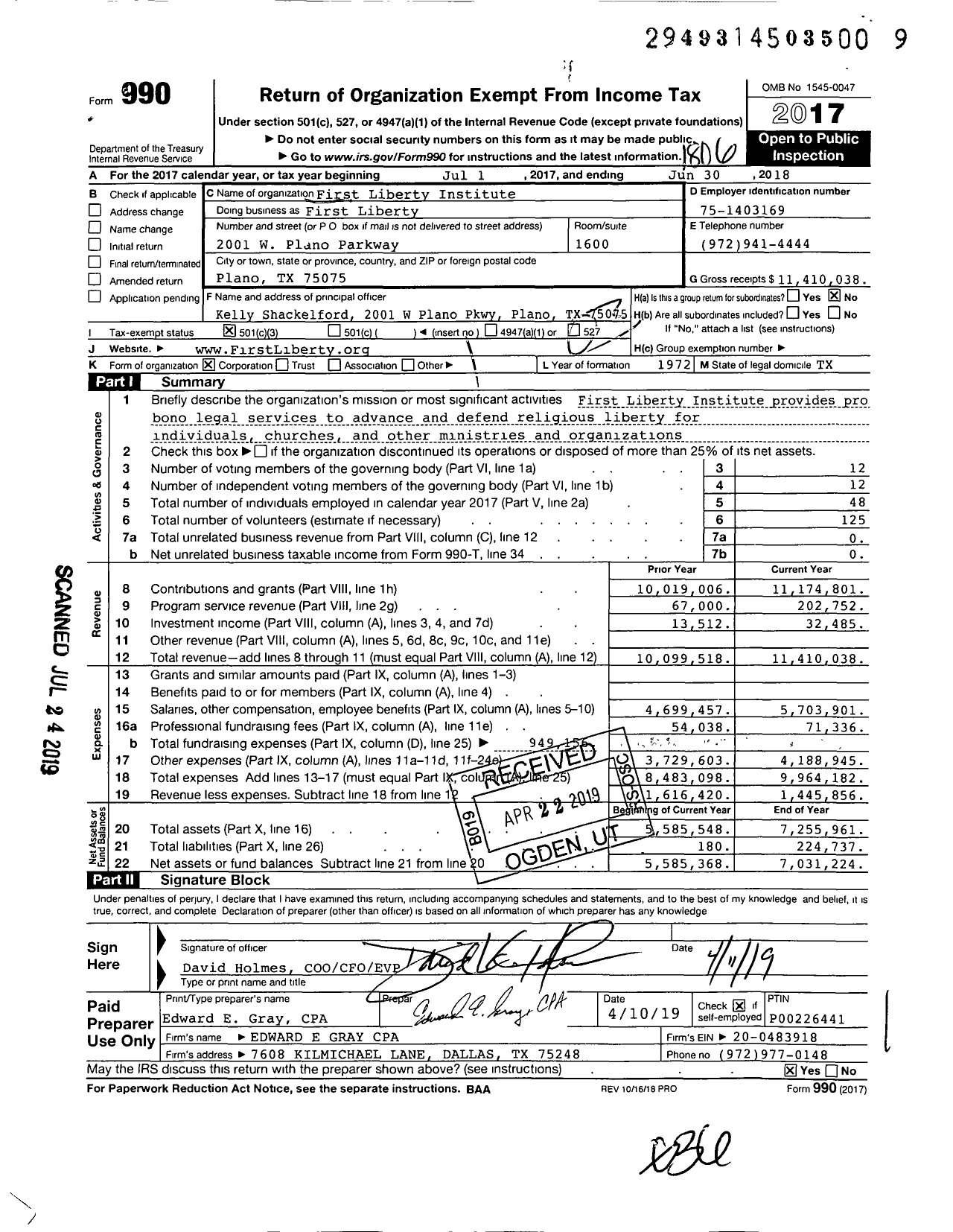 Image of first page of 2017 Form 990 for First Liberty