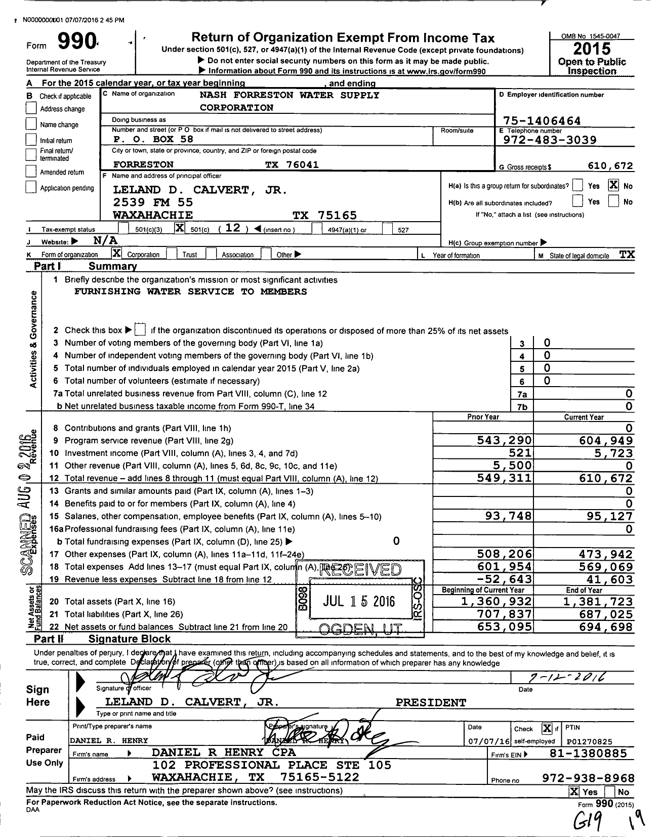 Image of first page of 2015 Form 990O for Nash Forreston Water Supply Corporation