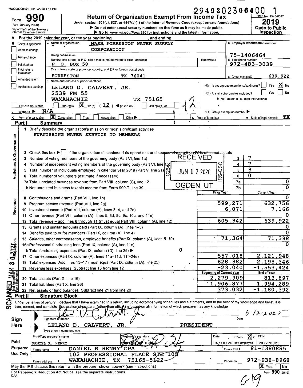 Image of first page of 2019 Form 990O for Nash Forreston Water Supply Corporation