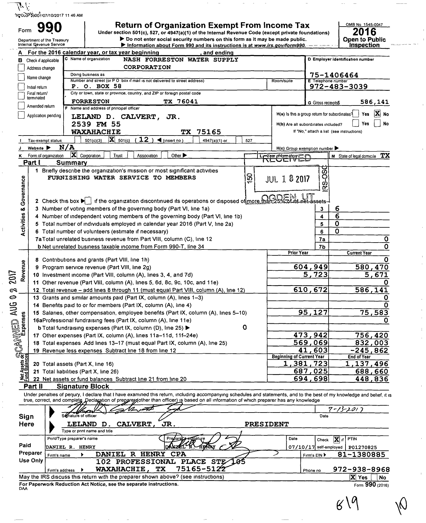 Image of first page of 2016 Form 990O for Nash Forreston Water Supply Corporation