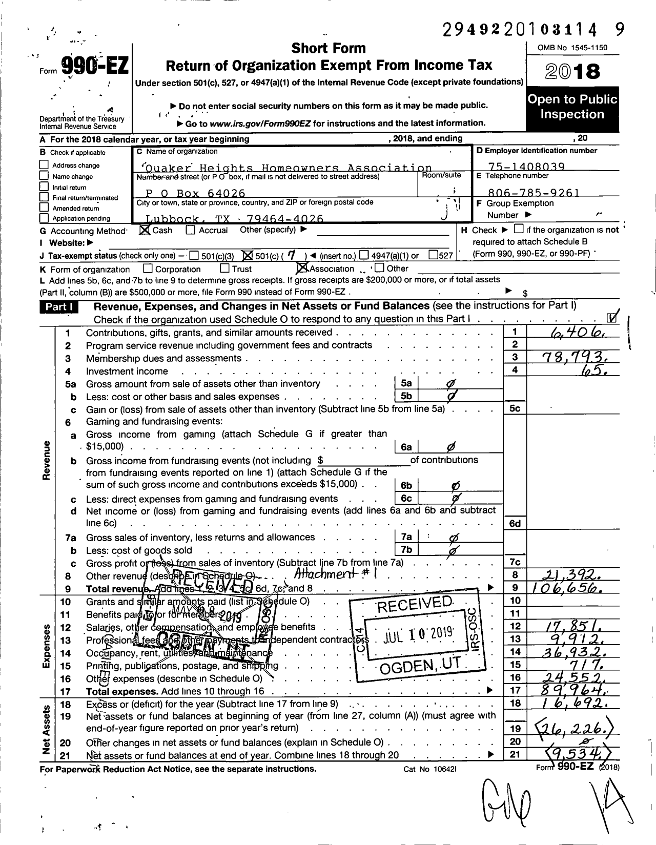 Image of first page of 2018 Form 990EO for Quaker Heights Homeowners Association