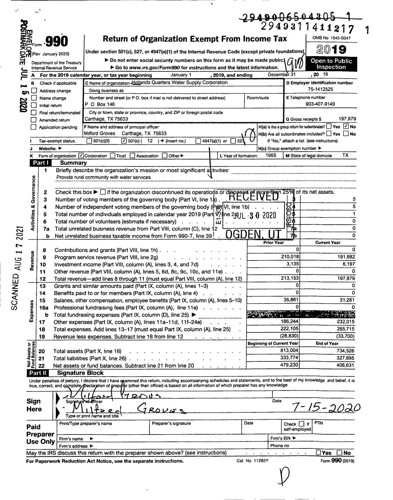 Image of first page of 2019 Form 990O for Holland Quarters Water Supply Corporation