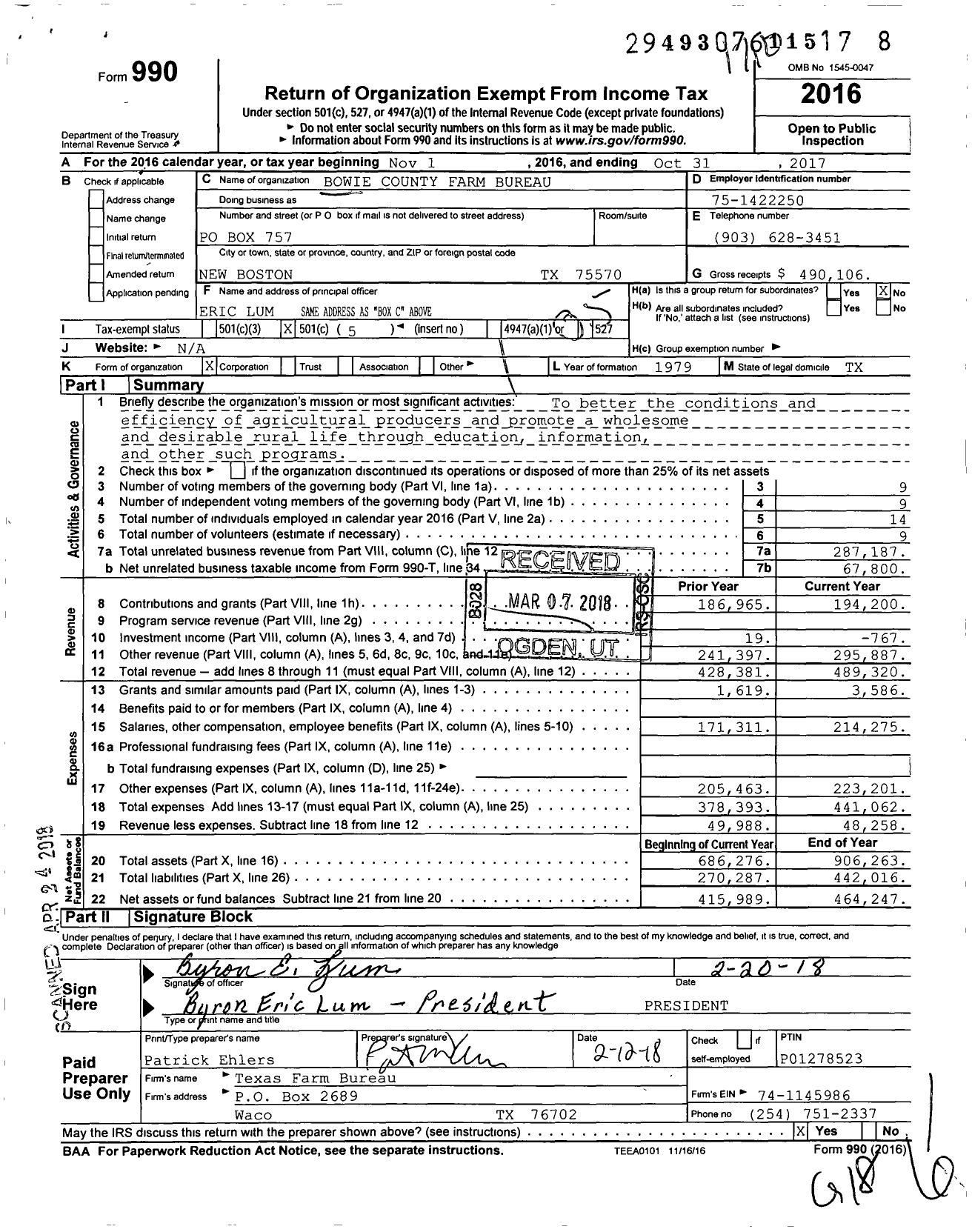 Image of first page of 2016 Form 990O for Bowie County Farm Bureau