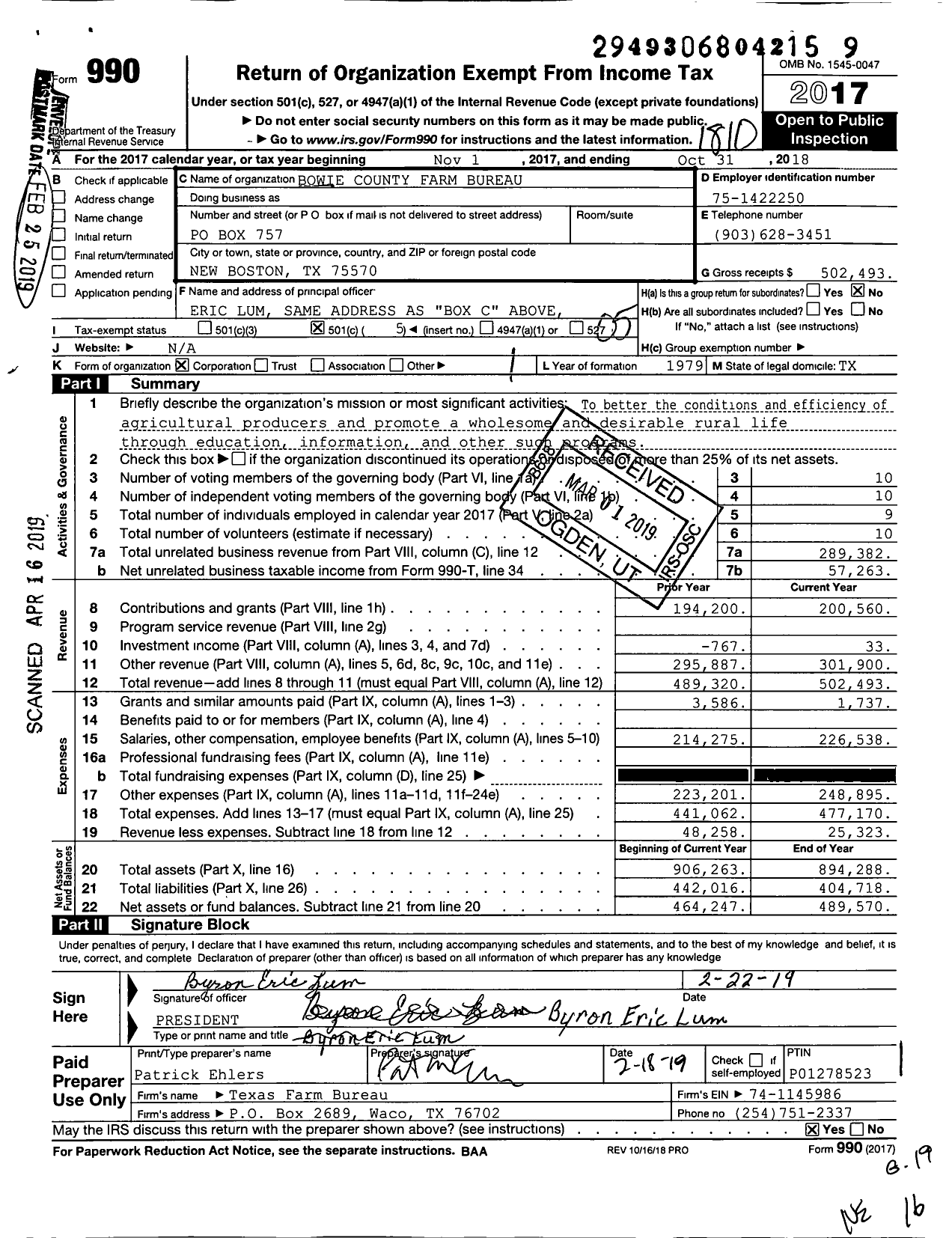 Image of first page of 2017 Form 990O for Bowie County Farm Bureau