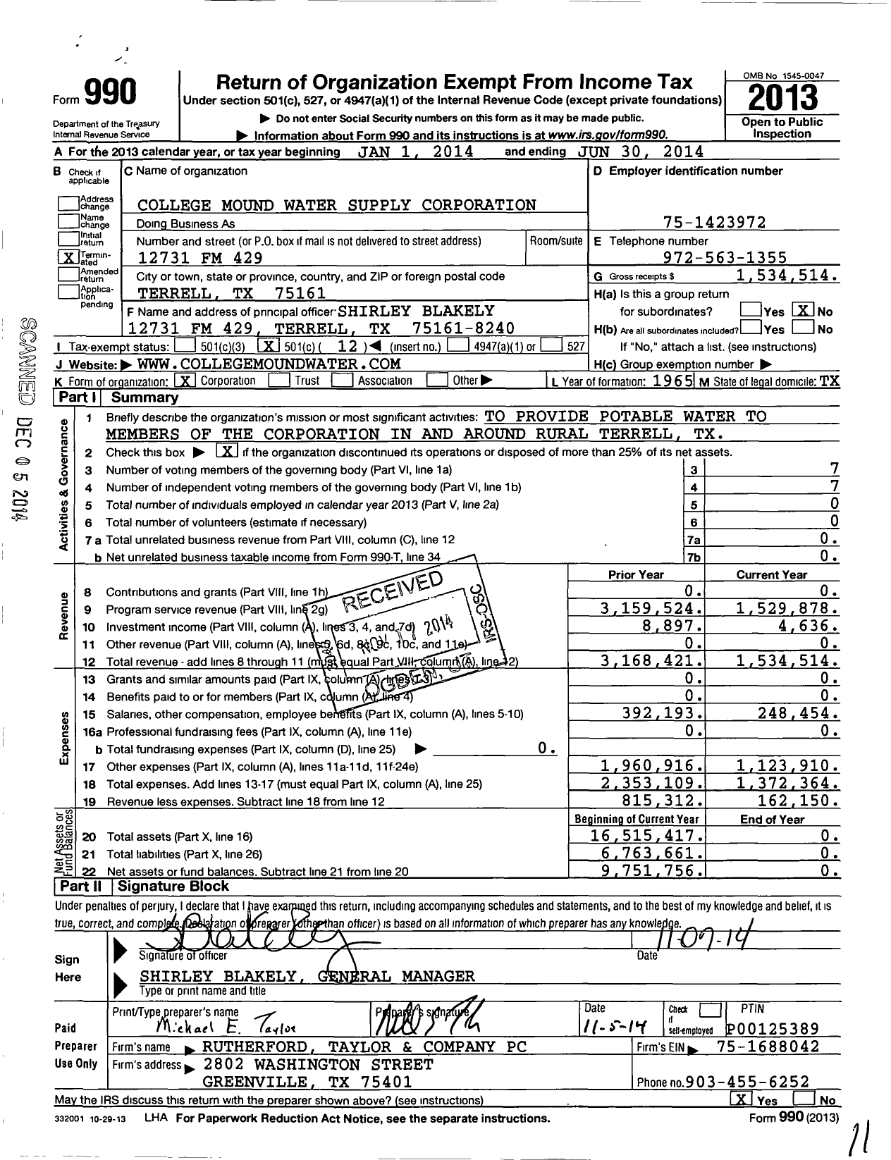 Image of first page of 2013 Form 990O for College Mound Water Supply Corporation