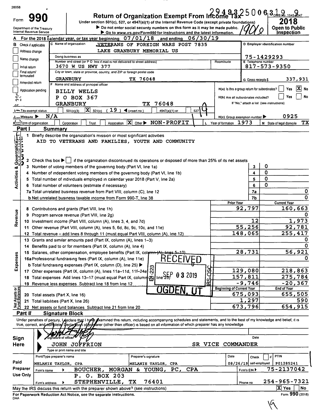 Image of first page of 2018 Form 990O for Texas VFW - Lake Grandbury Memorial Post 7835