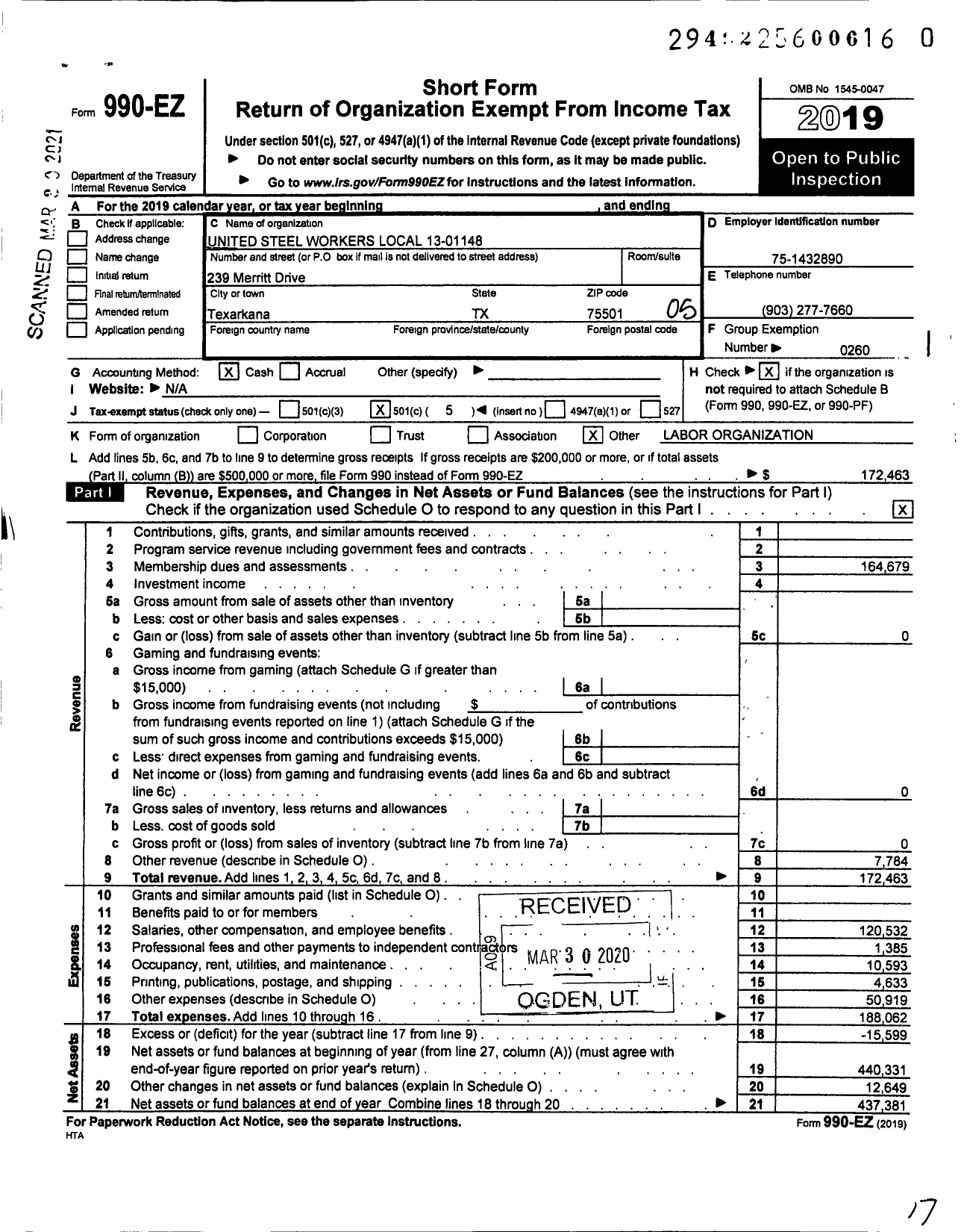 Image of first page of 2019 Form 990EO for United Steelworkers - Local 01148