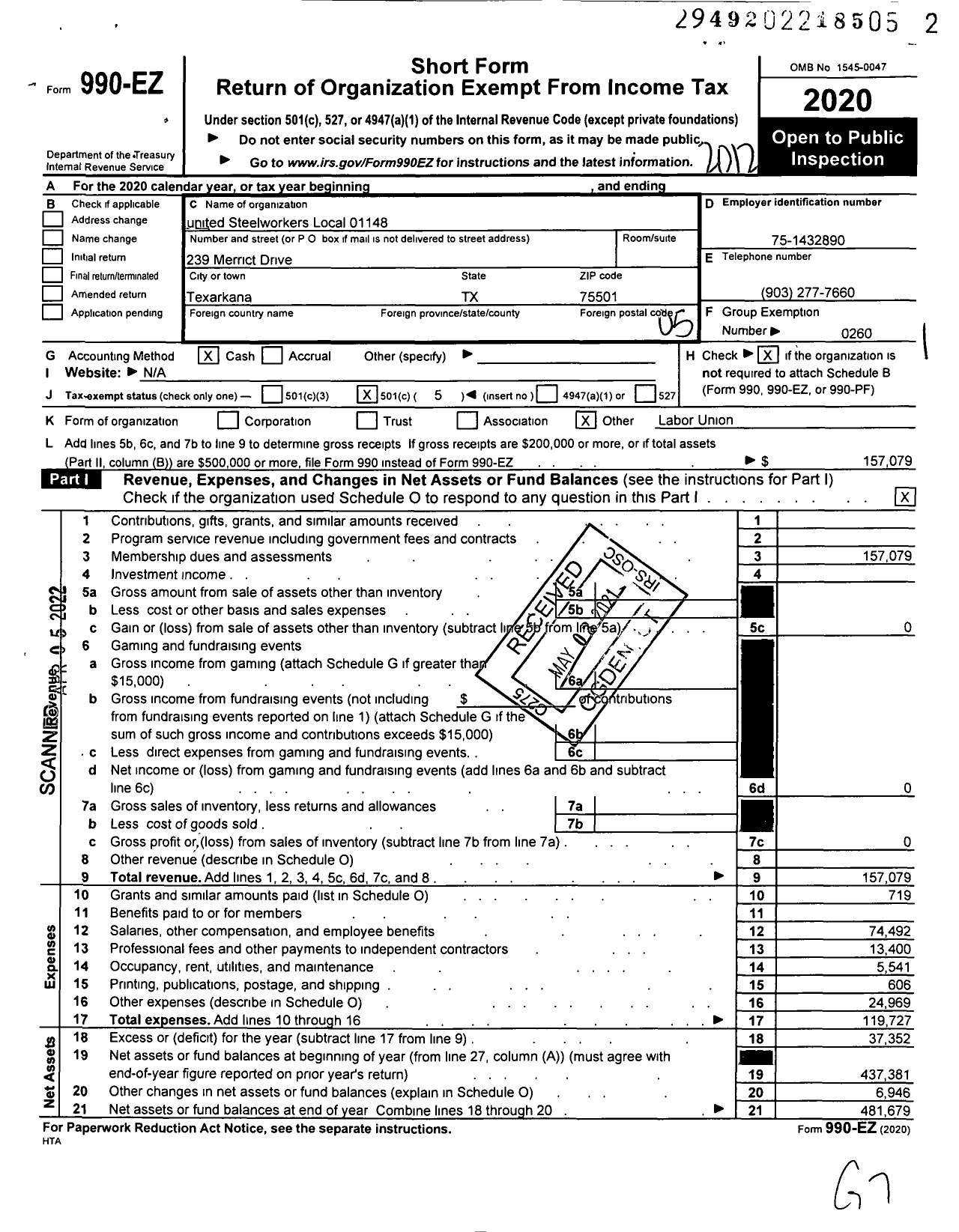 Image of first page of 2020 Form 990EO for United Steelworkers - Local 01148