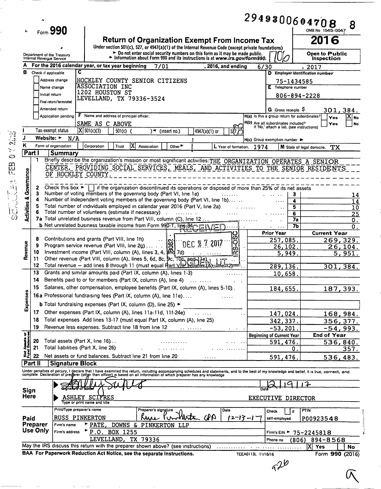 Image of first page of 2016 Form 990 for Hockley County Senior Citizens Association