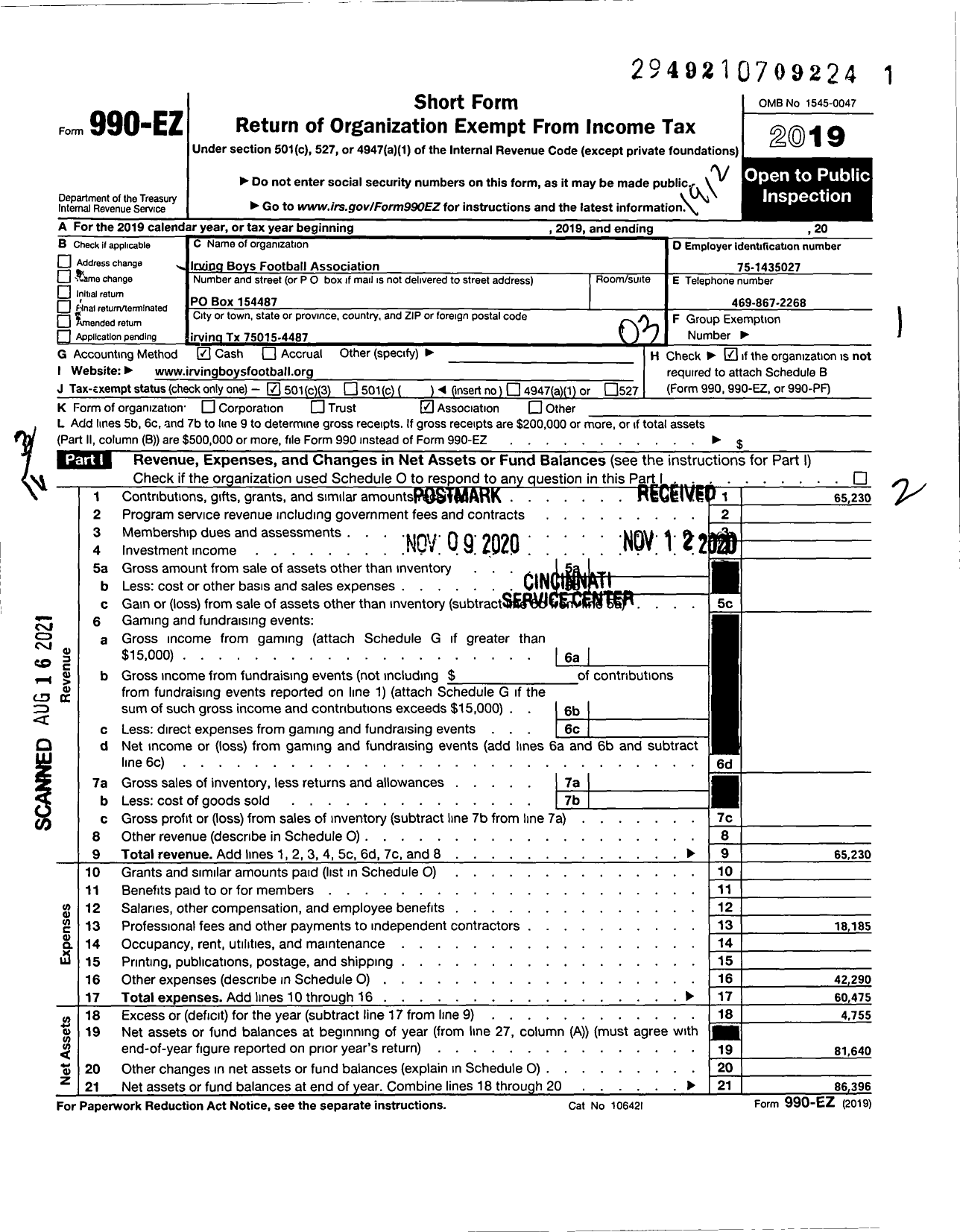 Image of first page of 2019 Form 990EZ for Irving Boys Football Association