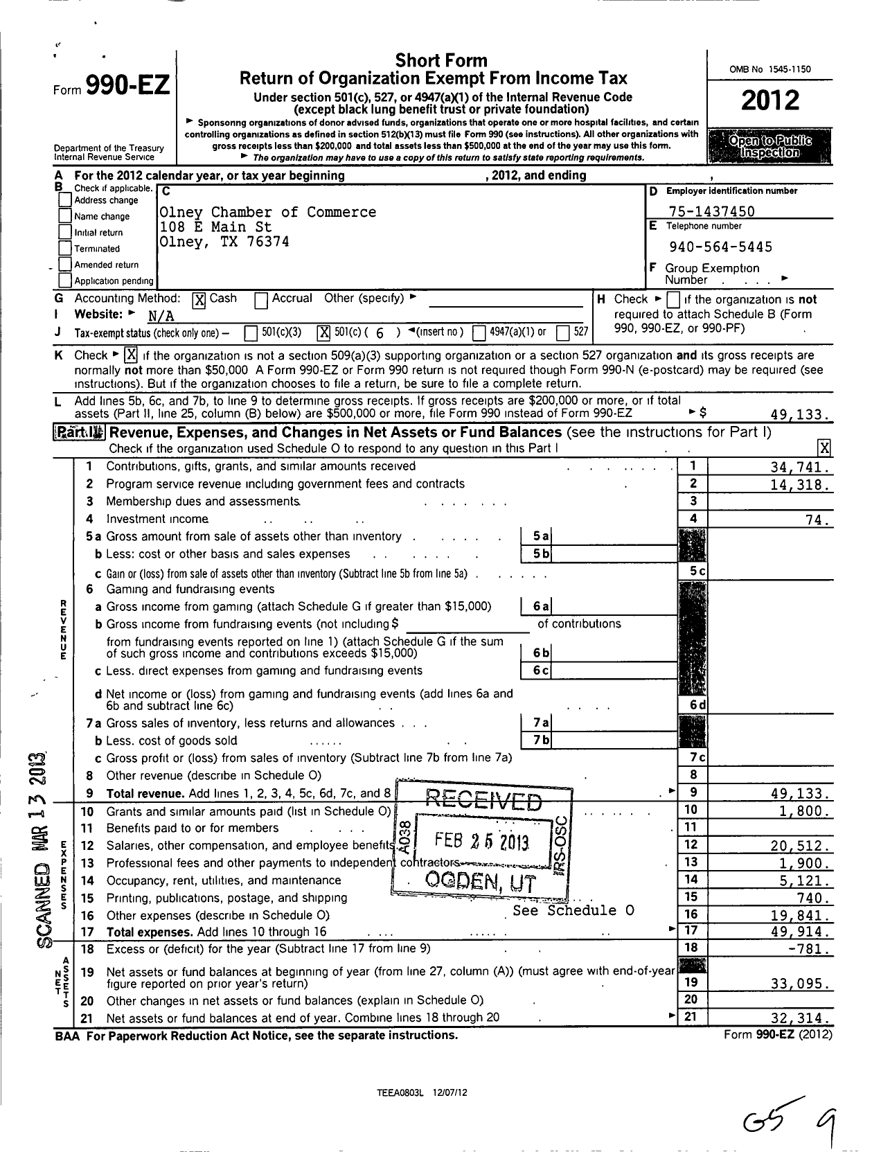 Image of first page of 2012 Form 990EO for Olney Chamber of Commerce