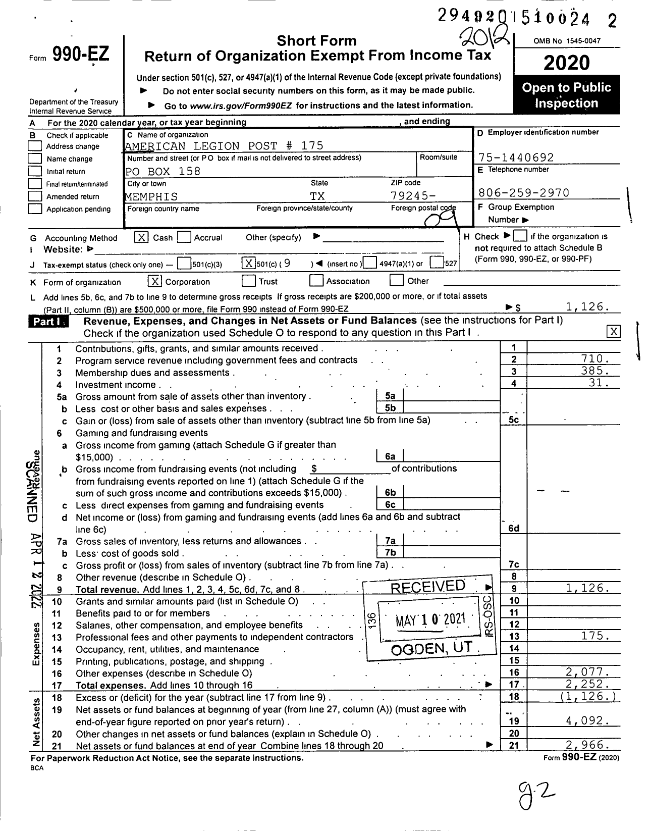 Image of first page of 2020 Form 990EO for American Legion - 175 Simmons-Noel