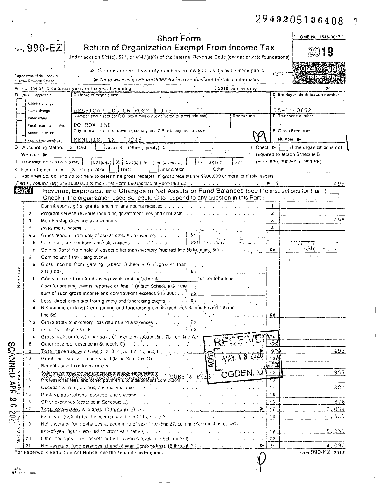 Image of first page of 2019 Form 990EO for American Legion - 175 Simmons-Noel