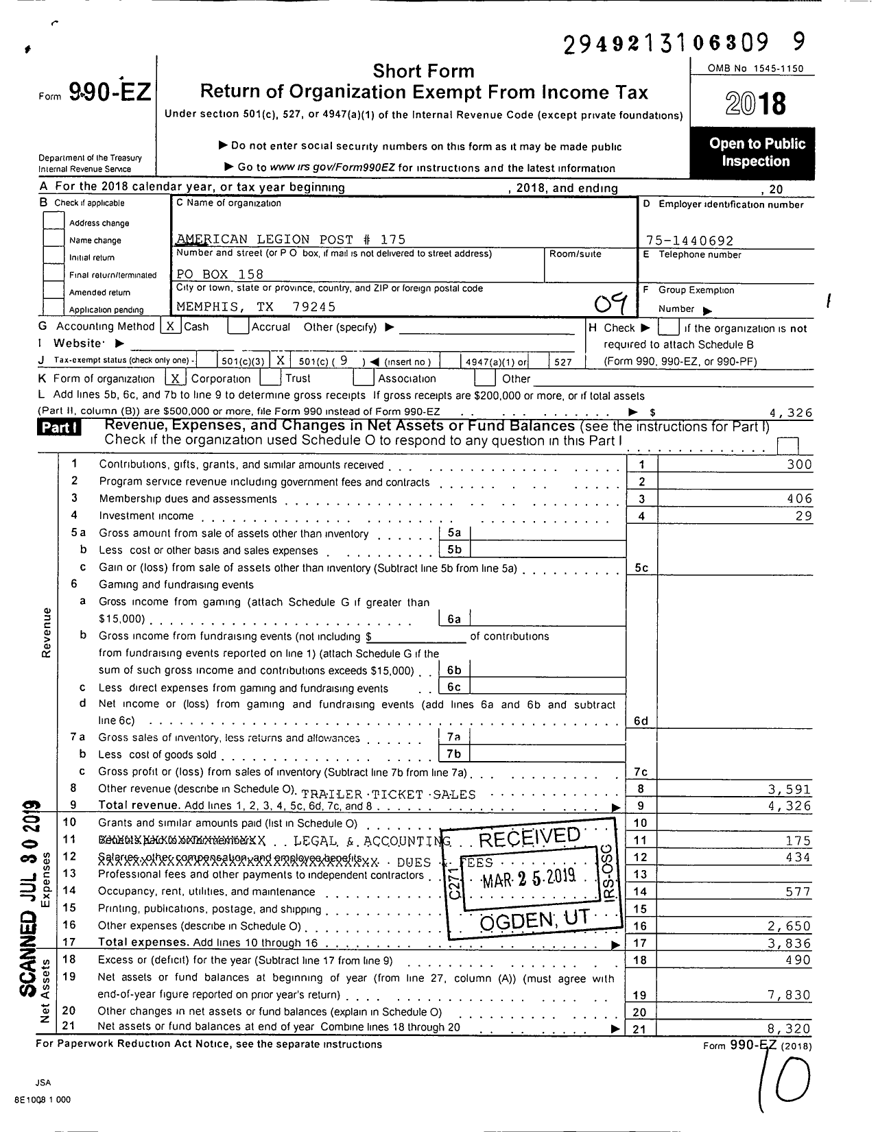 Image of first page of 2018 Form 990EO for American Legion - 175 Simmons-Noel