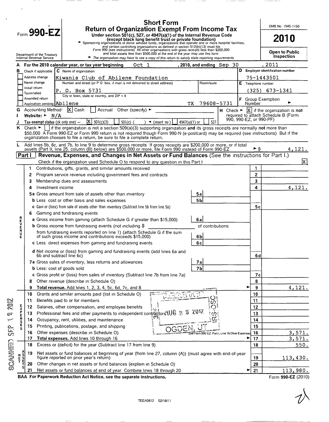 Image of first page of 2010 Form 990EZ for Kiwanis Club of Abilene Foundation