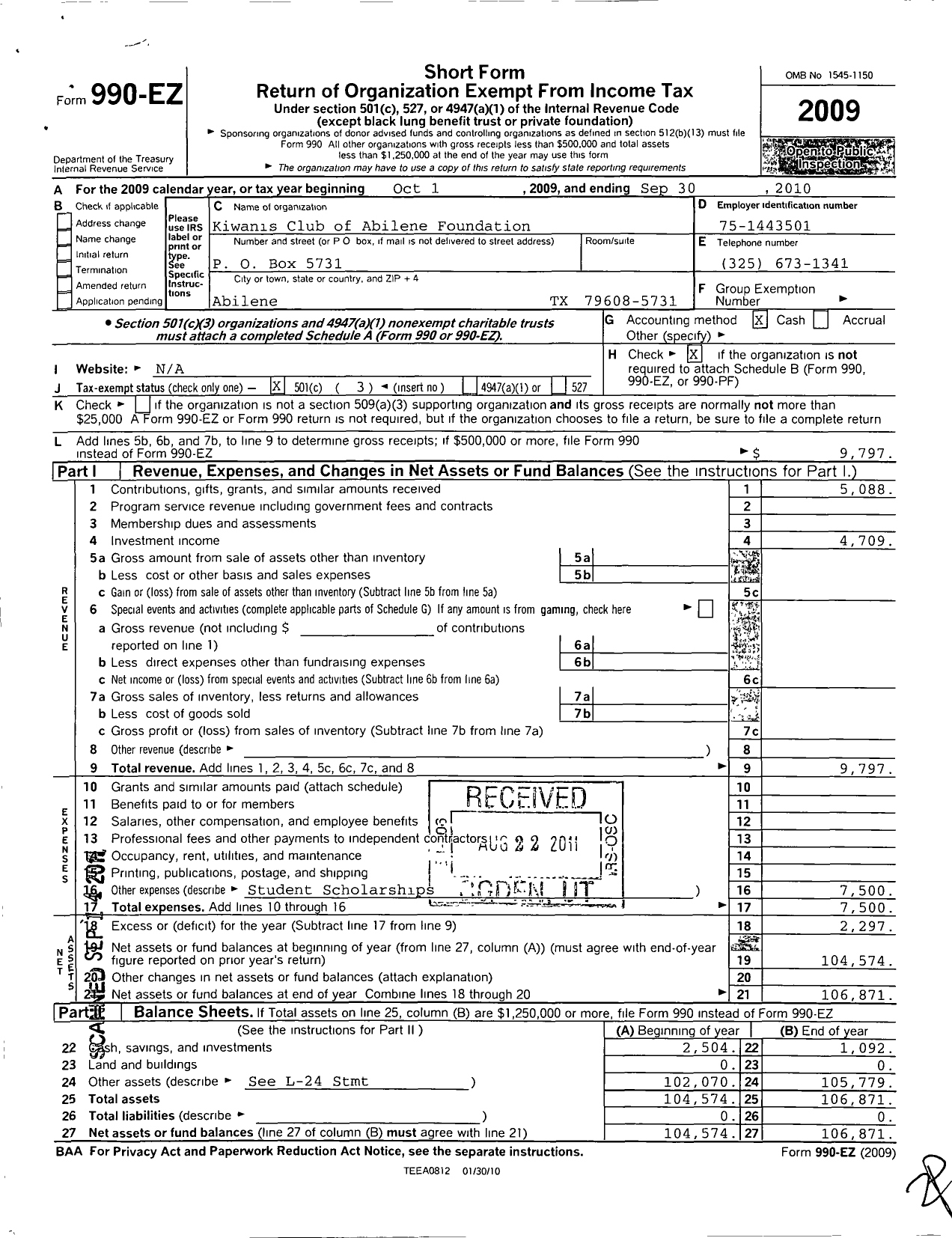 Image of first page of 2009 Form 990EZ for Kiwanis Club of Abilene Foundation