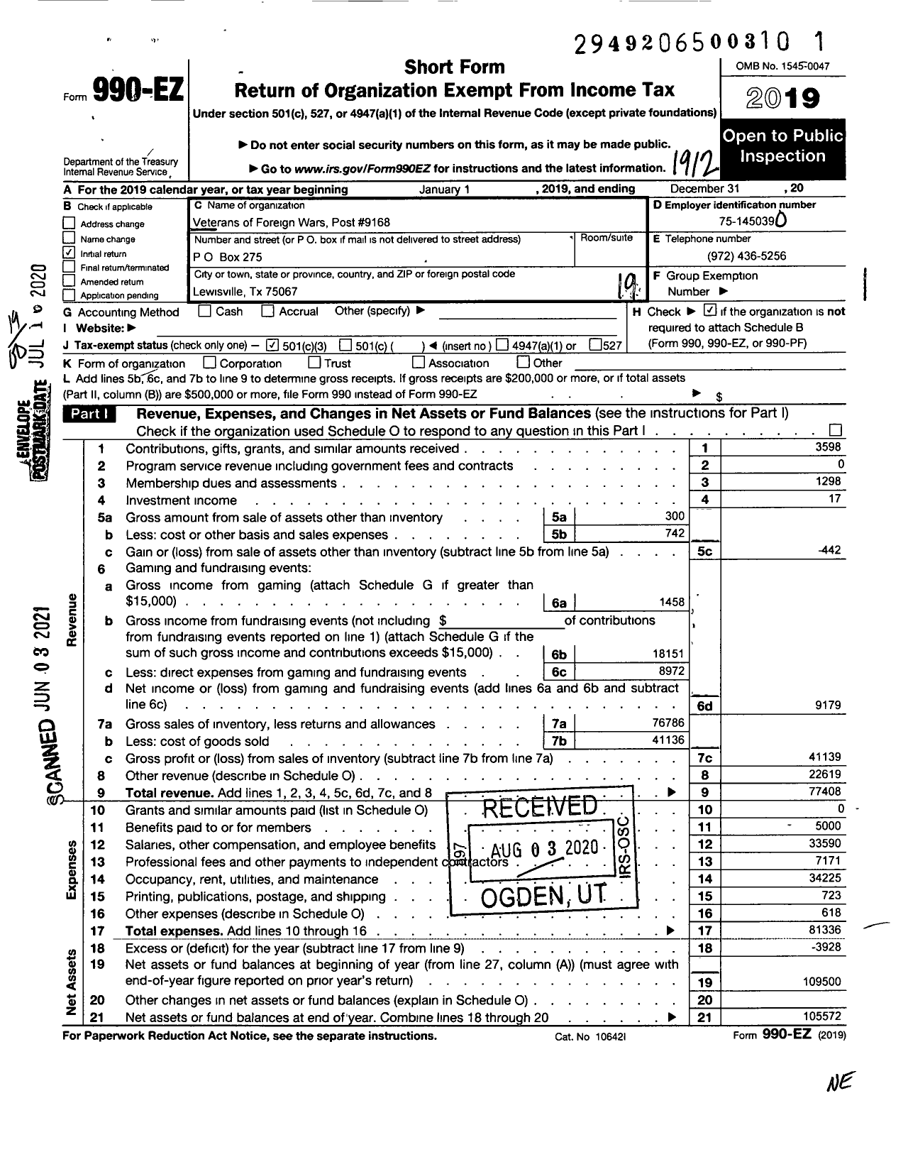 Image of first page of 2019 Form 990EO for Texas VFW - 9168 Lewisville