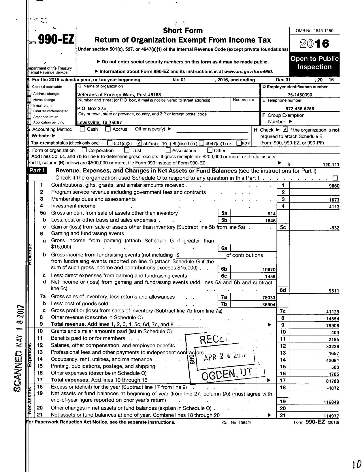 Image of first page of 2016 Form 990EO for Texas VFW - 9168 Lewisville