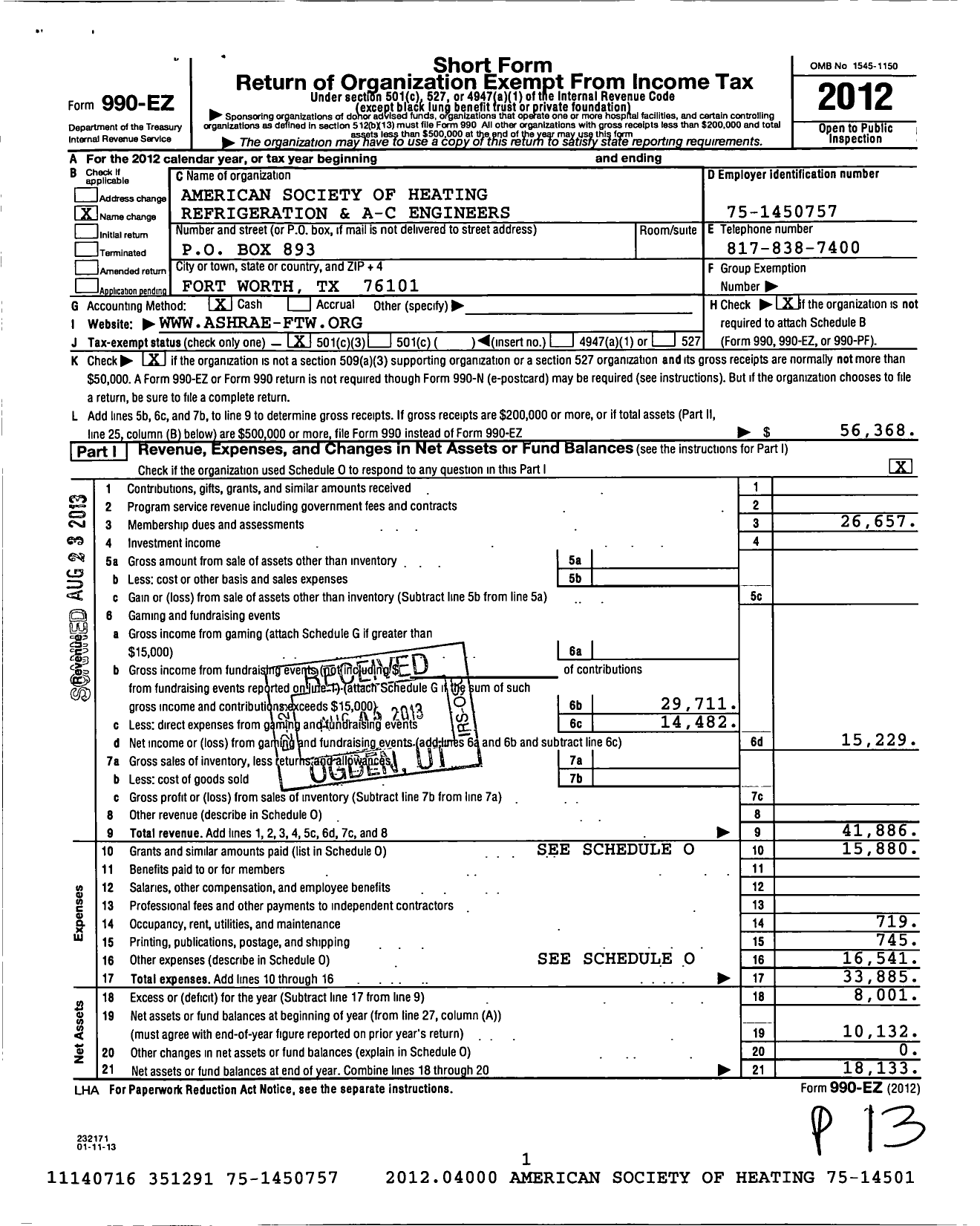 Image of first page of 2012 Form 990EZ for American Society of Heating Refrigerating & A-C Engineers / Fort Worth