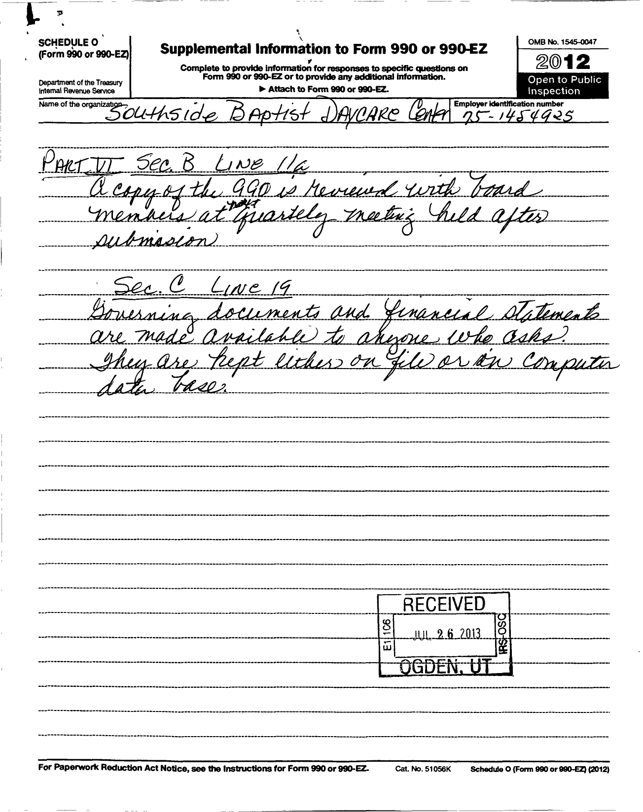 Image of first page of 2012 Form 990R for Southside Baptist Day Care Center