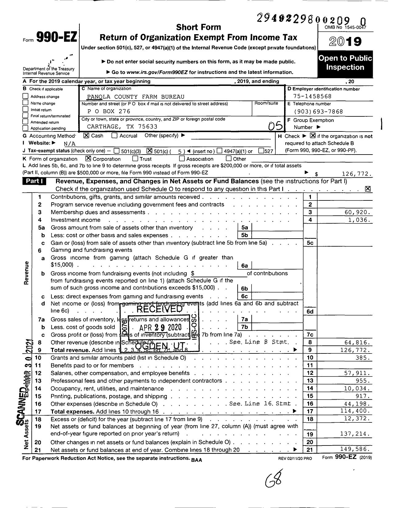 Image of first page of 2019 Form 990EO for Panola County Farm Bureau