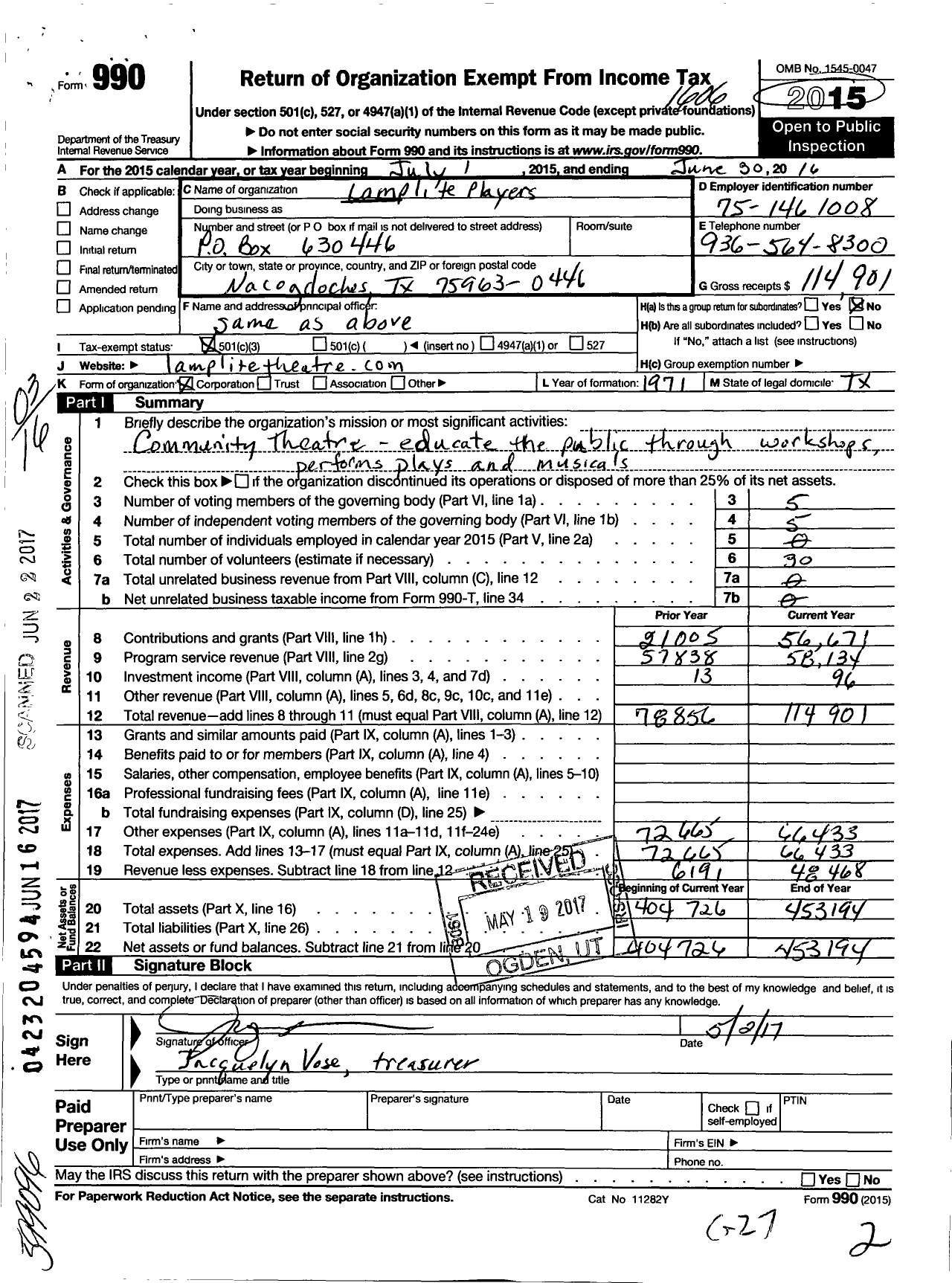 Image of first page of 2015 Form 990 for Lamplite Players