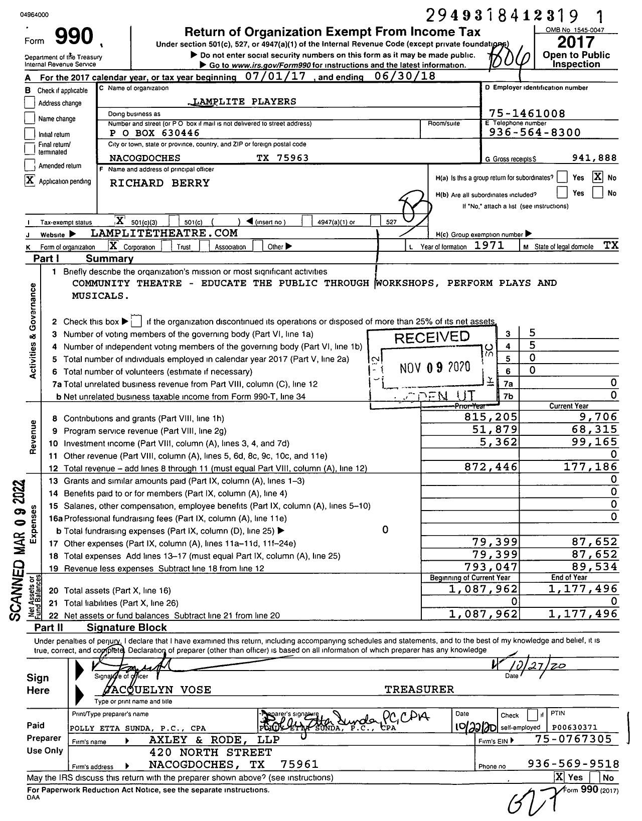 Image of first page of 2017 Form 990 for Lamplite Players