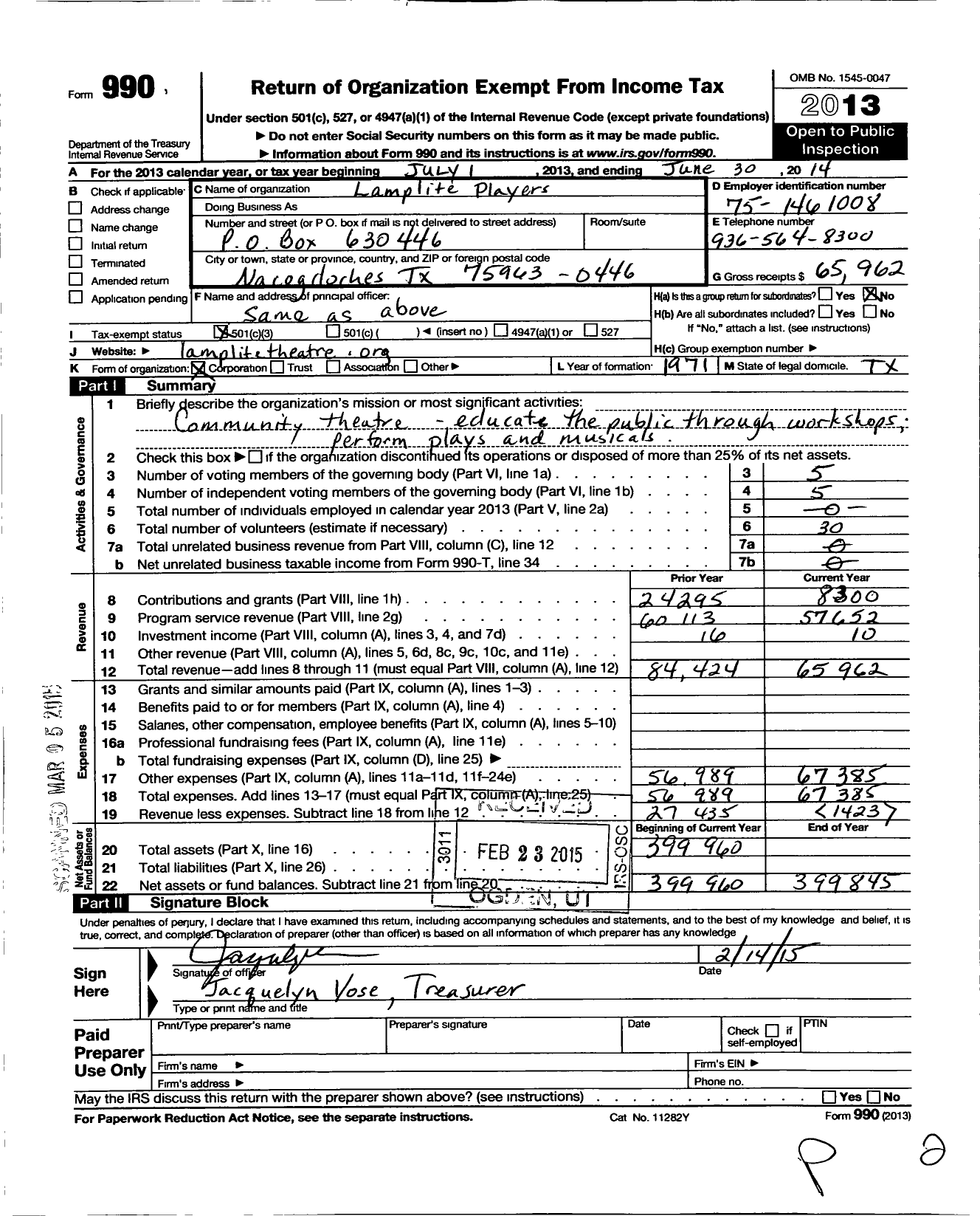 Image of first page of 2013 Form 990 for Lamplite Players