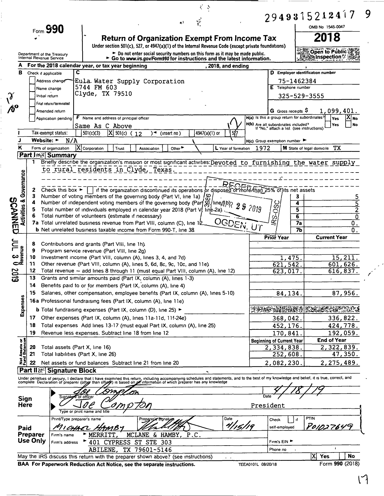 Image of first page of 2018 Form 990O for Eula Water Supply Corporation