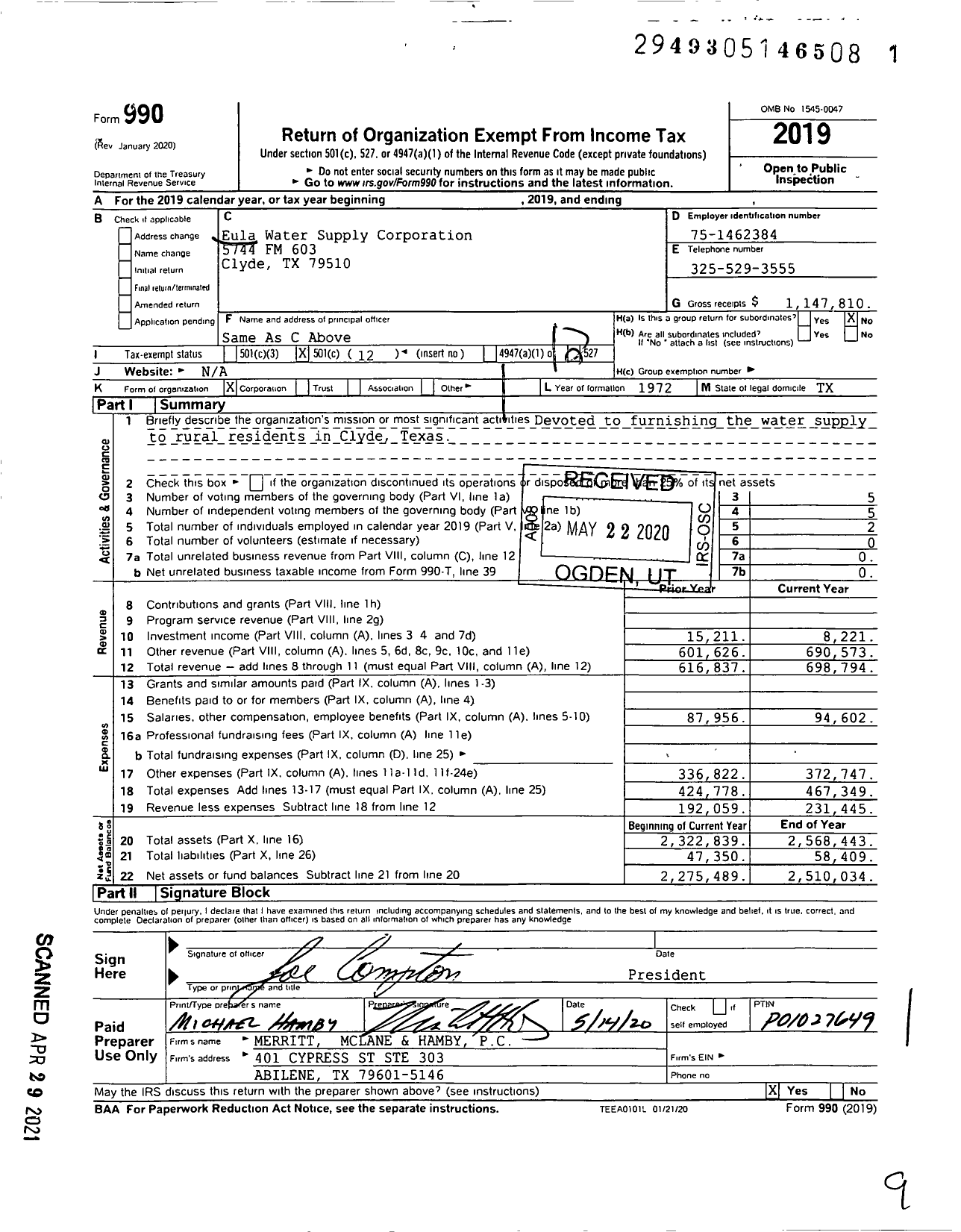 Image of first page of 2019 Form 990O for Eula Water Supply Corporation