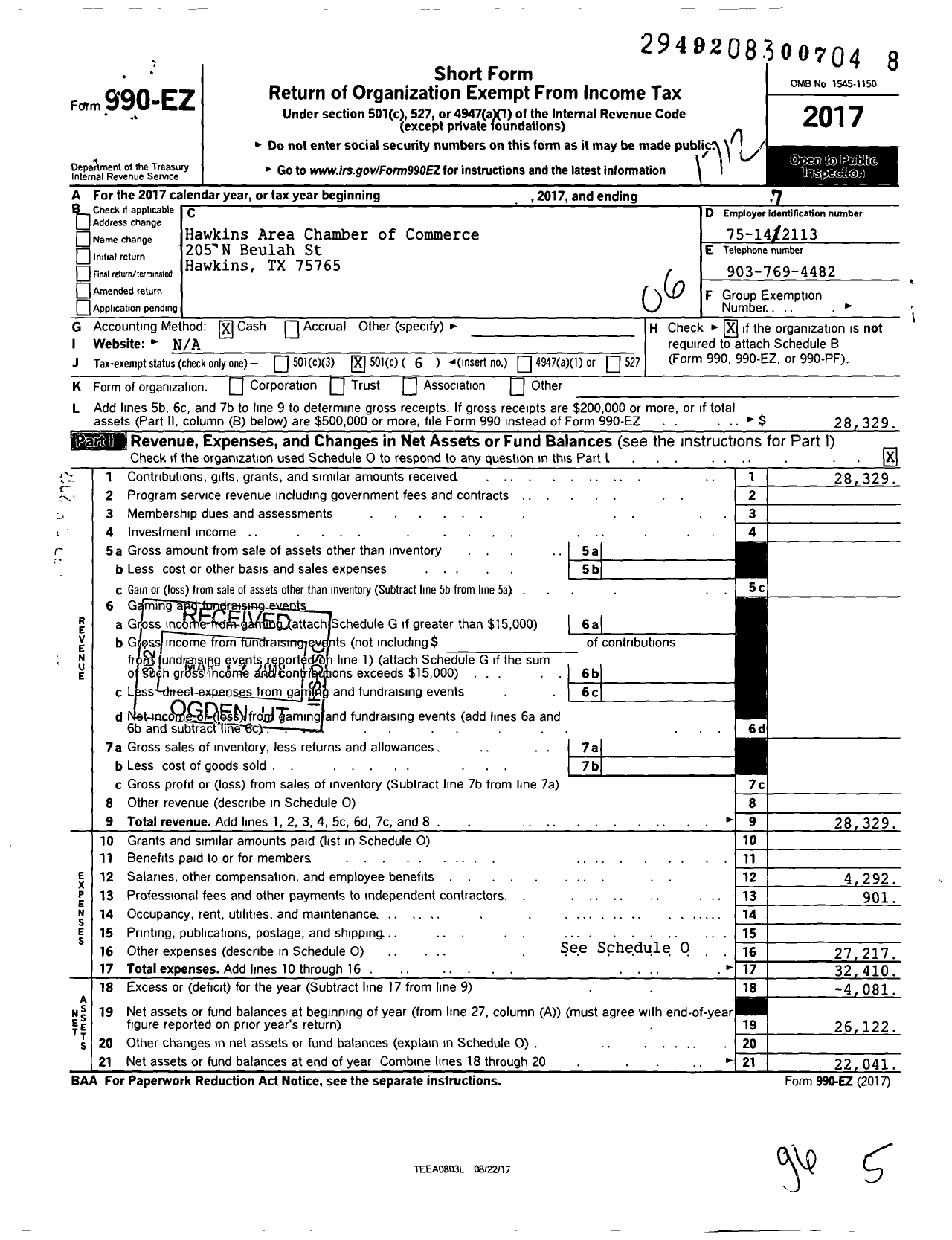 Image of first page of 2017 Form 990EO for Greater Hawkins Chamber of Commerce