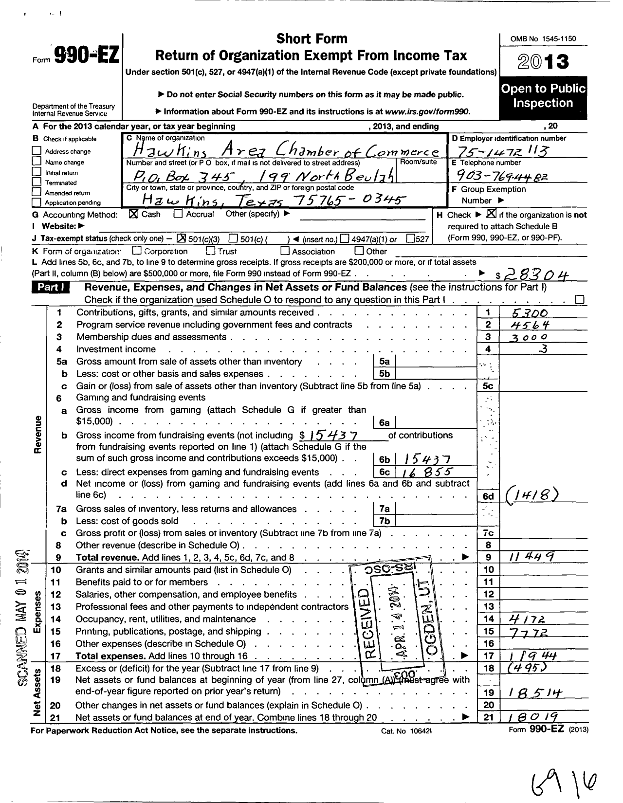 Image of first page of 2013 Form 990EZ for Greater Hawkins Chamber of Commerce