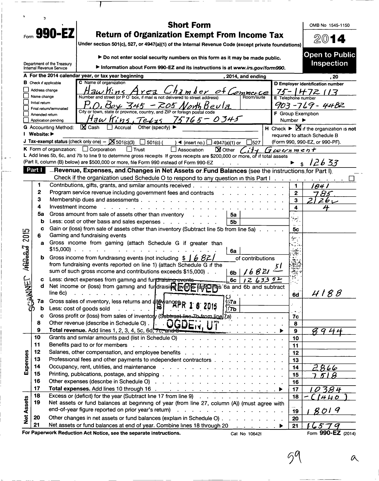 Image of first page of 2014 Form 990EZ for Greater Hawkins Chamber of Commerce