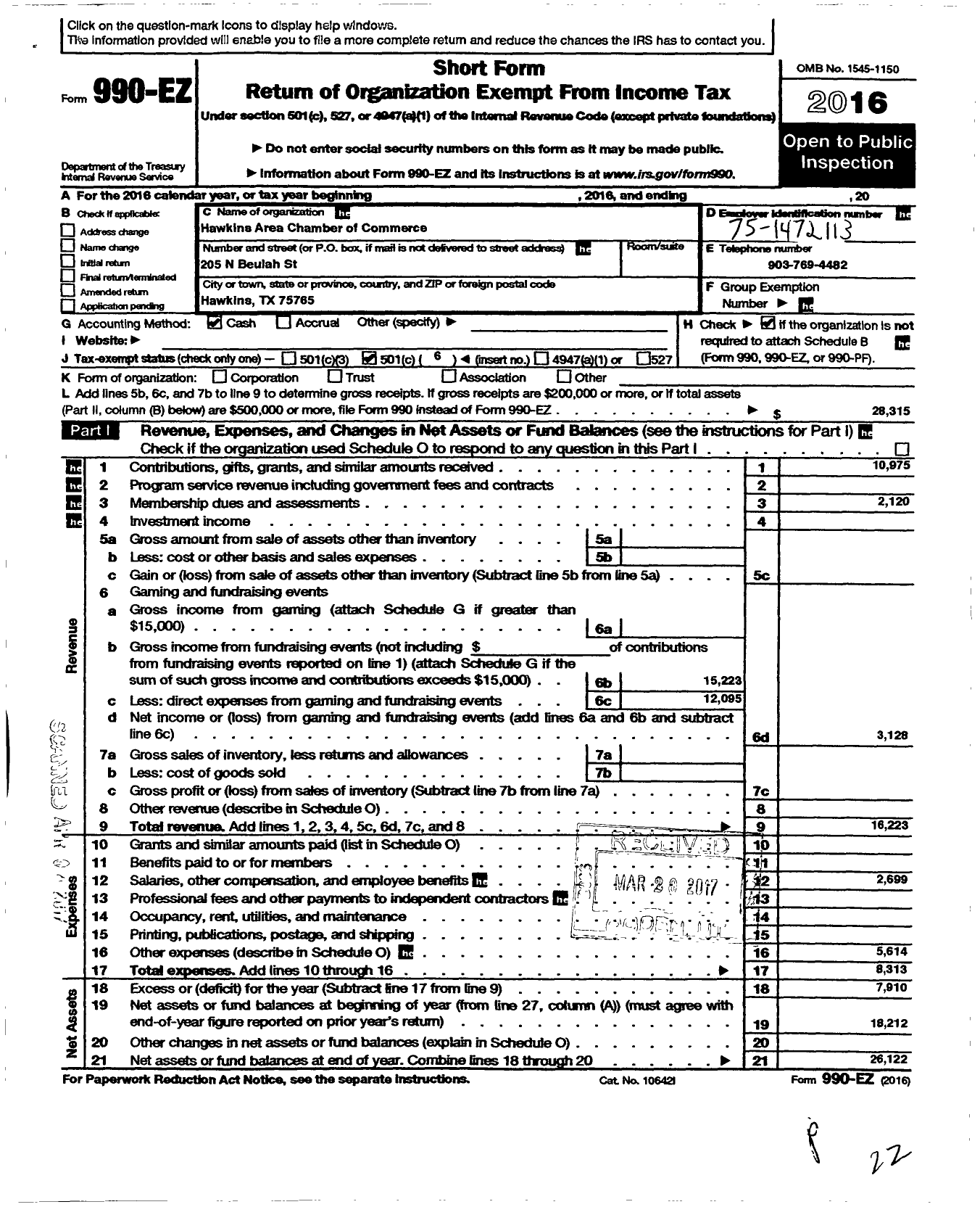 Image of first page of 2016 Form 990EO for Greater Hawkins Chamber of Commerce