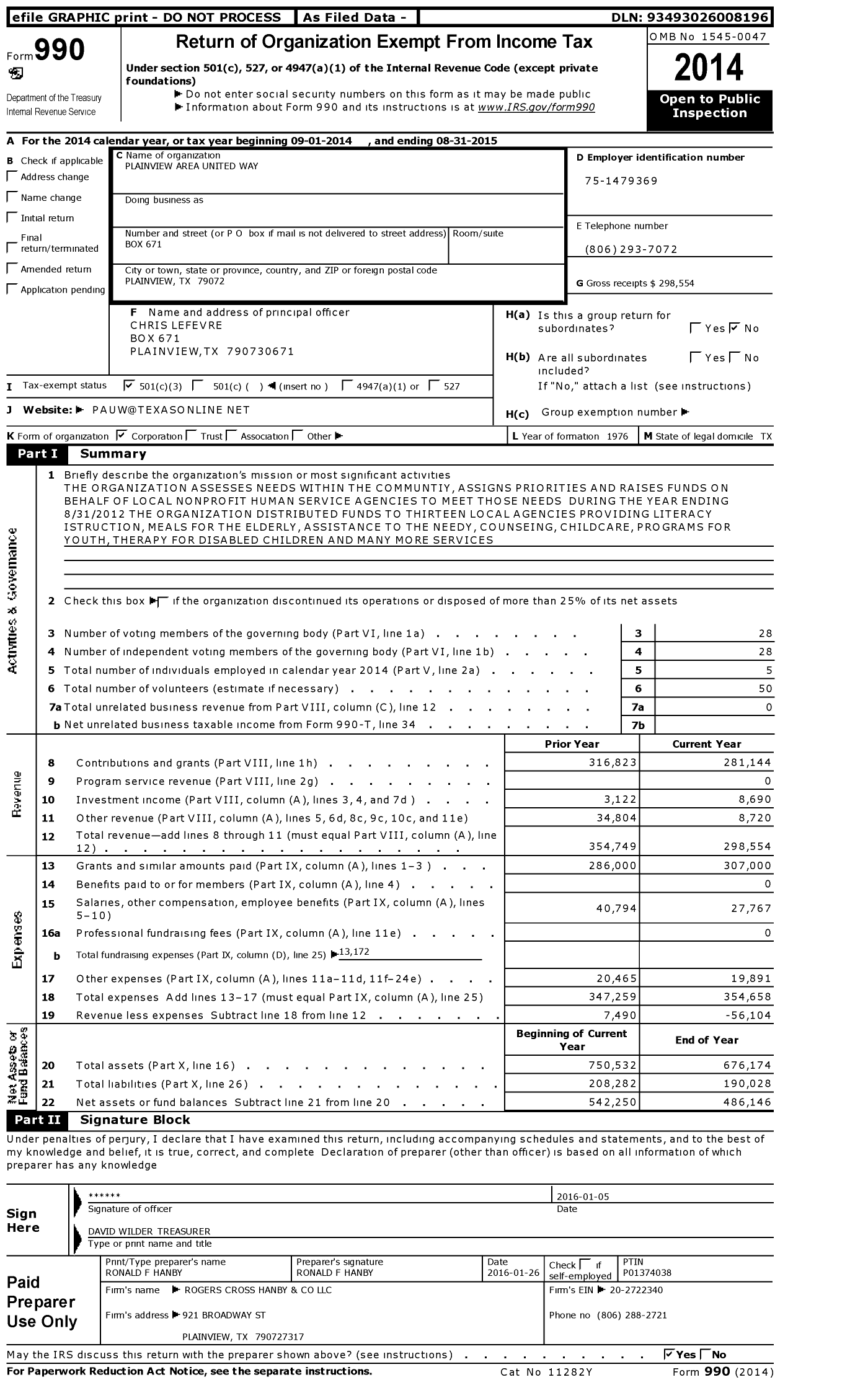 Image of first page of 2014 Form 990 for Plainview Area United Way