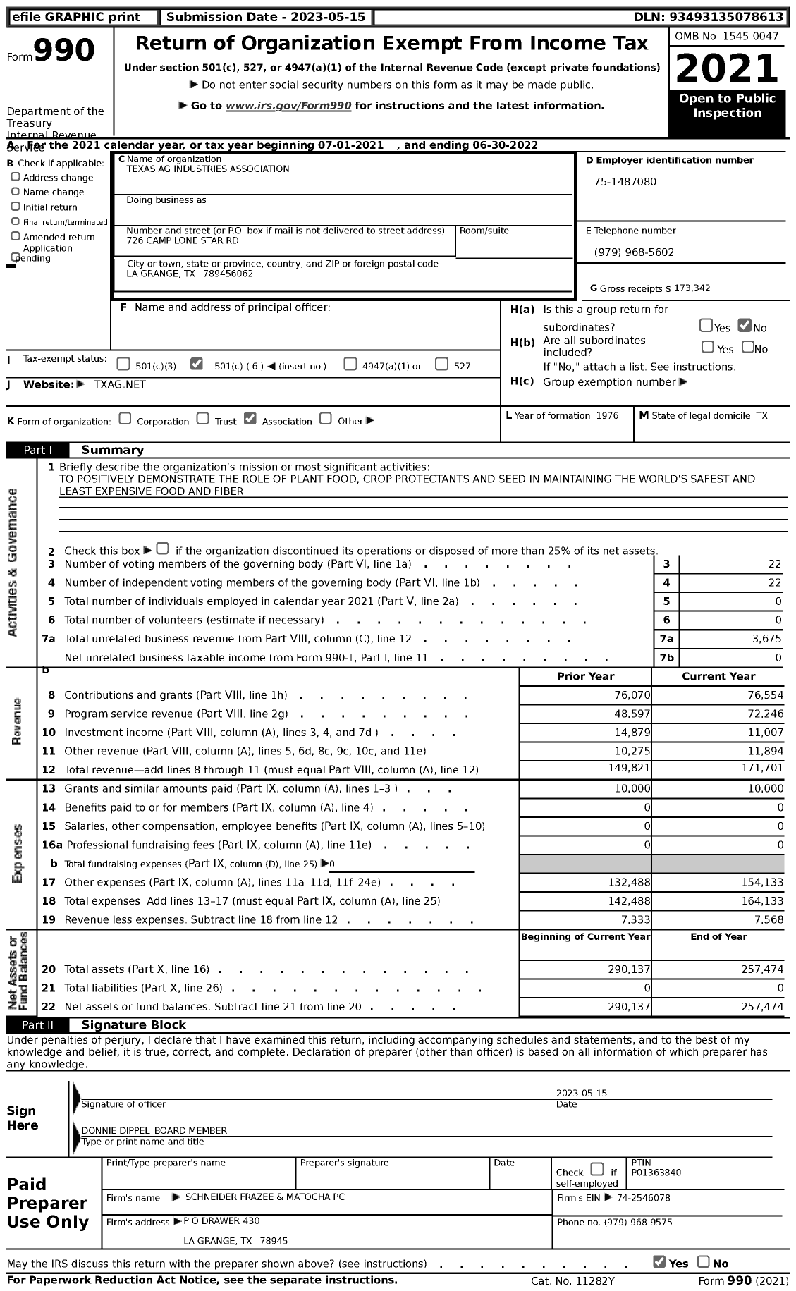 Image of first page of 2021 Form 990 for Texas Ag Industries Association