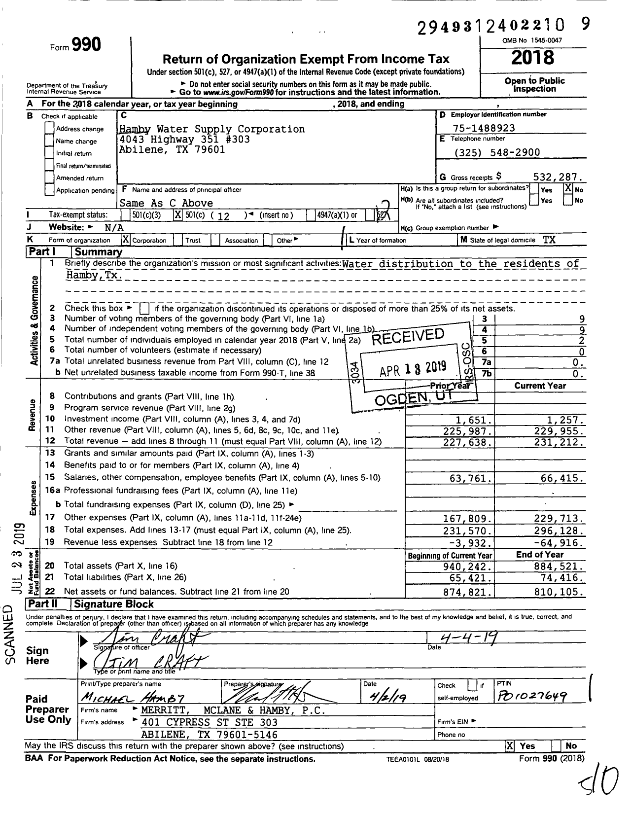 Image of first page of 2018 Form 990O for Hamby Water Supply Corporation