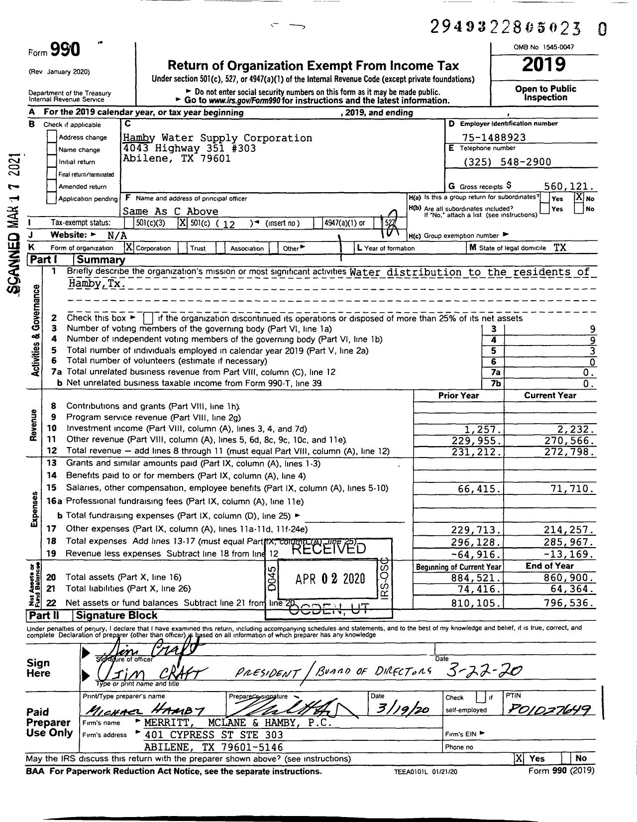 Image of first page of 2019 Form 990O for Hamby Water Supply Corporation