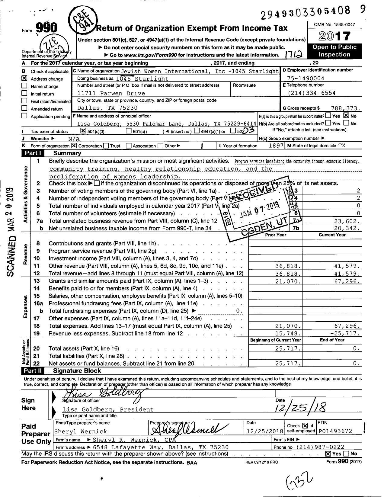 Image of first page of 2017 Form 990 for Jewish Women International-1045 Starlight-Texas Bingo - 1045 Starlight