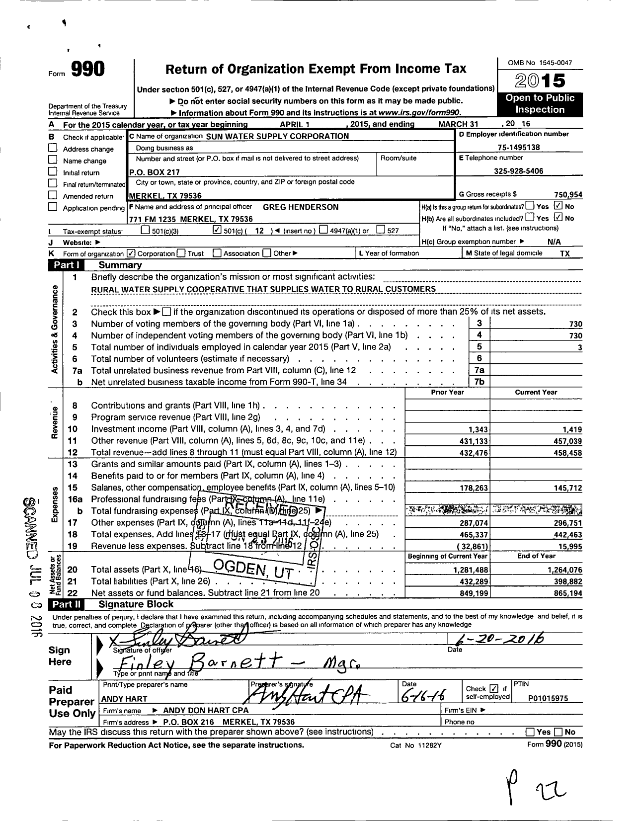 Image of first page of 2015 Form 990O for Sun Water Supply Corporation