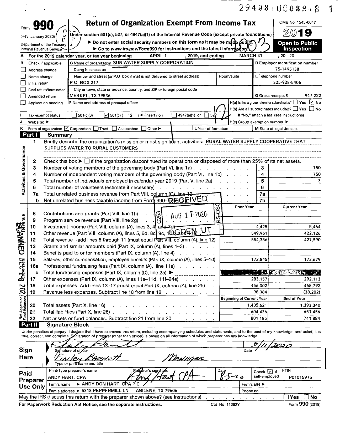 Image of first page of 2019 Form 990O for Sun Water Supply Corporation