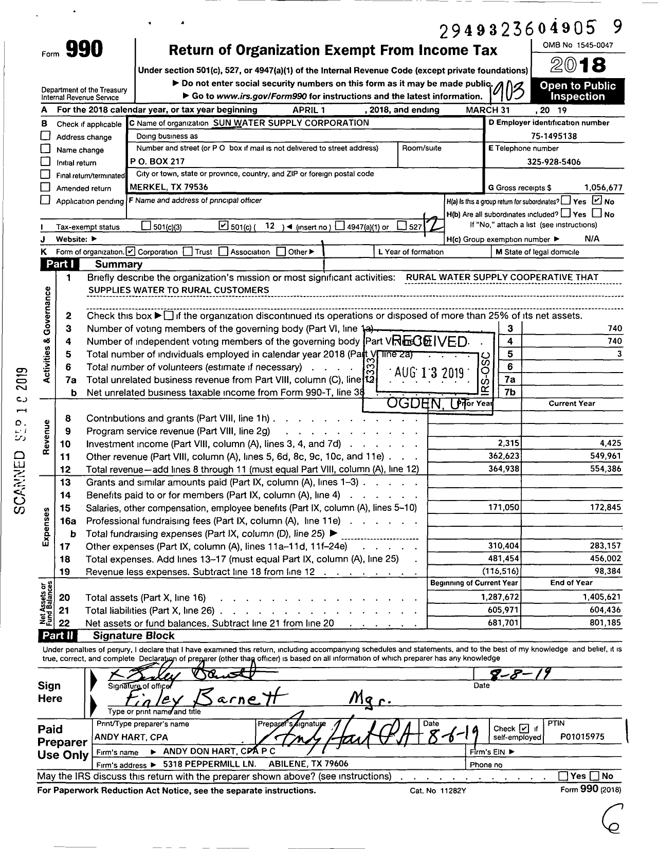 Image of first page of 2018 Form 990O for Sun Water Supply Corporation