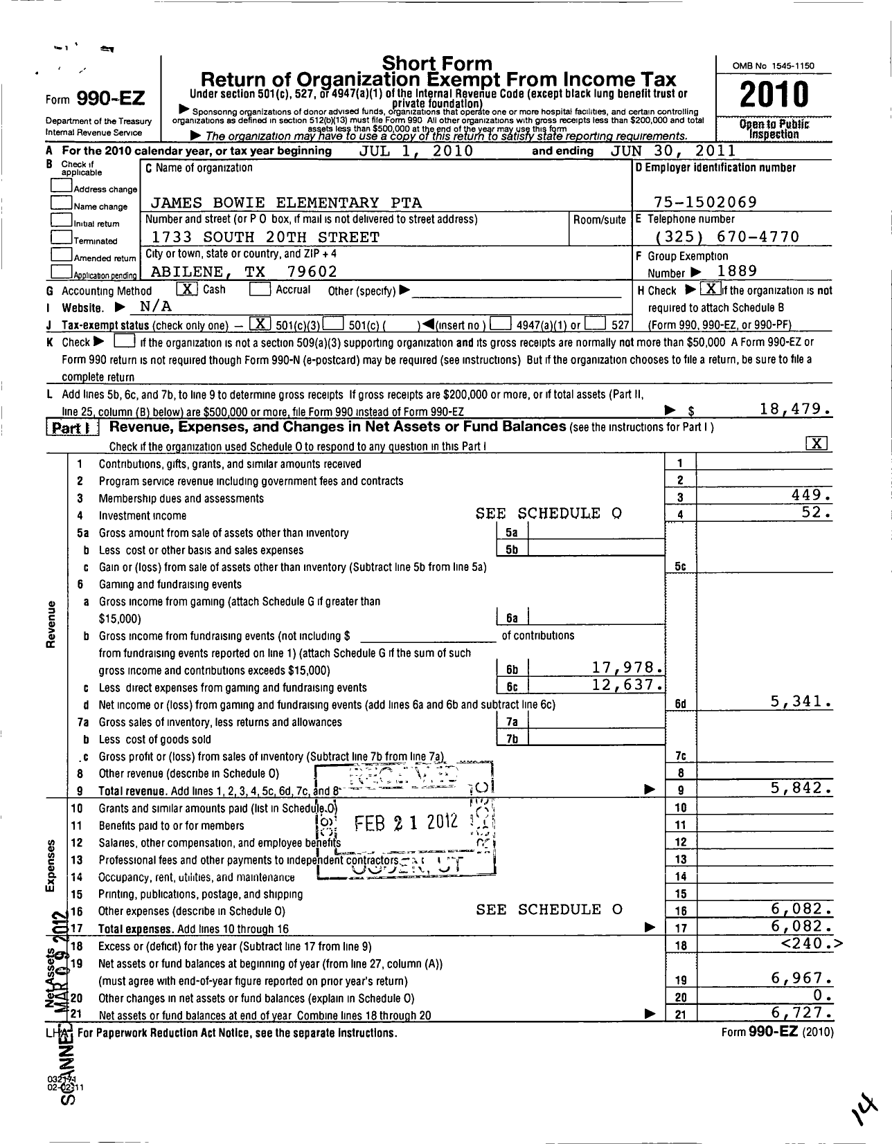 Image of first page of 2010 Form 990EZ for Texas PTA - 20 James Bowie Elementary