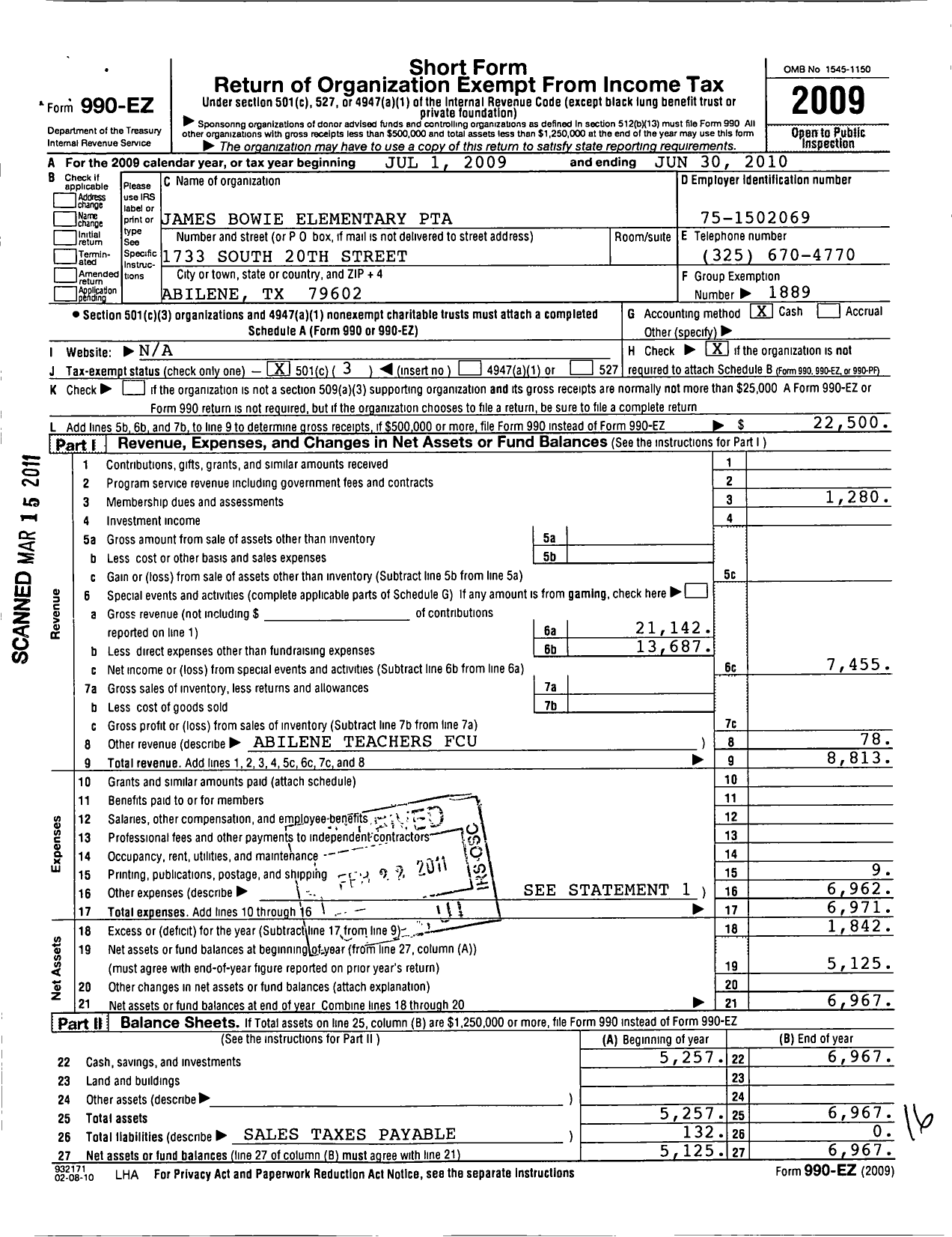 Image of first page of 2009 Form 990EZ for Texas PTA - 20 James Bowie Elementary