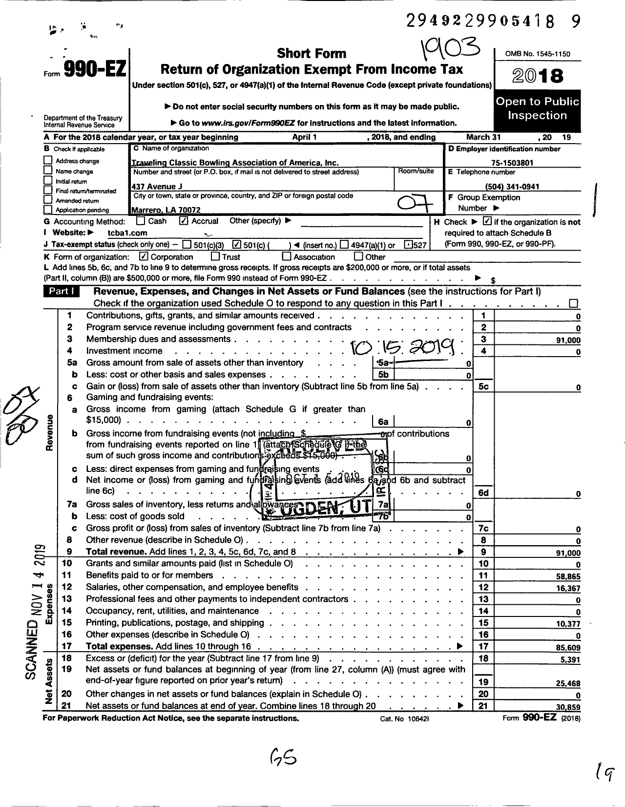 Image of first page of 2018 Form 990EO for Traveling Classic Bowling Association of America