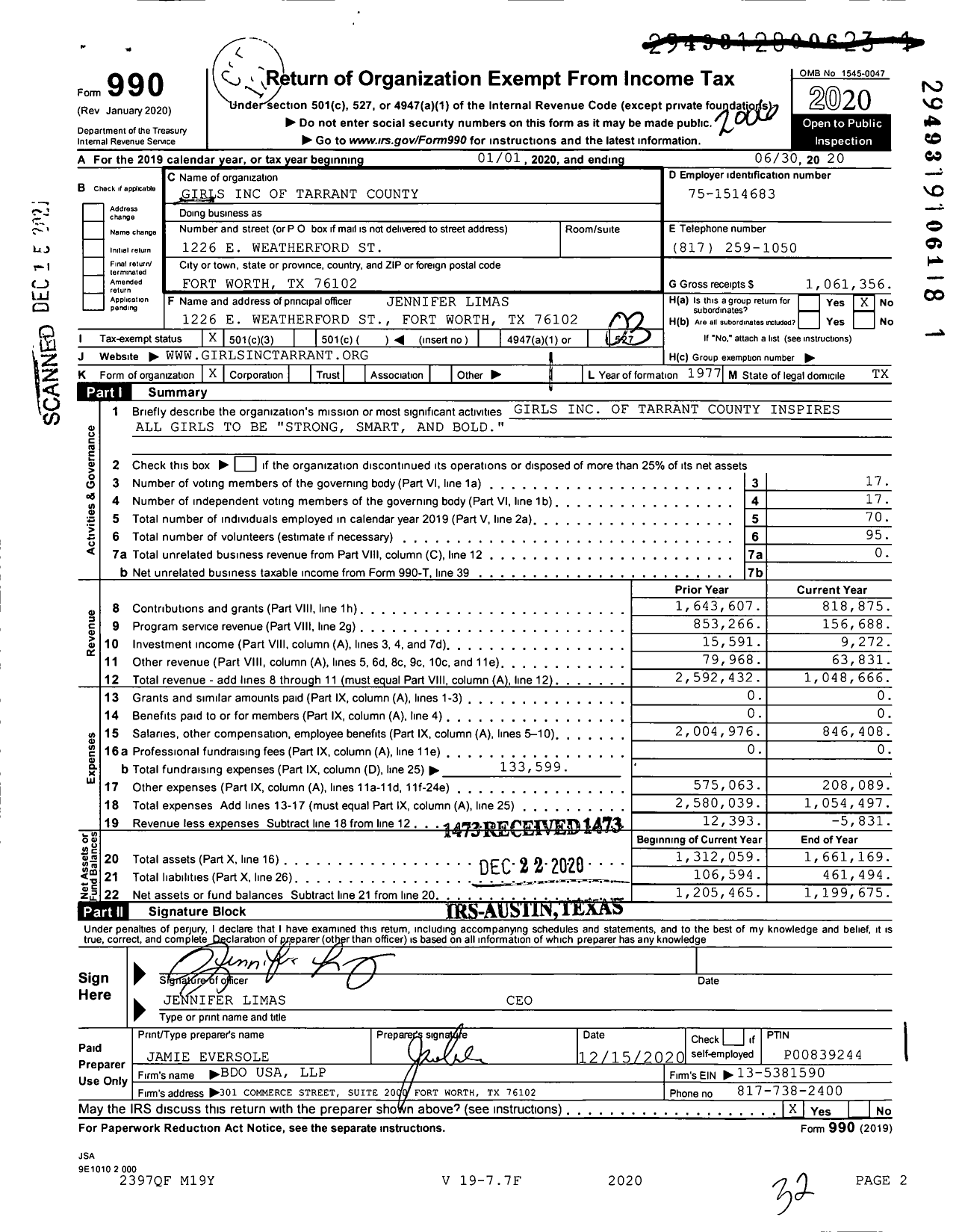 Image of first page of 2019 Form 990 for Girls Incorporated of Tarrant County