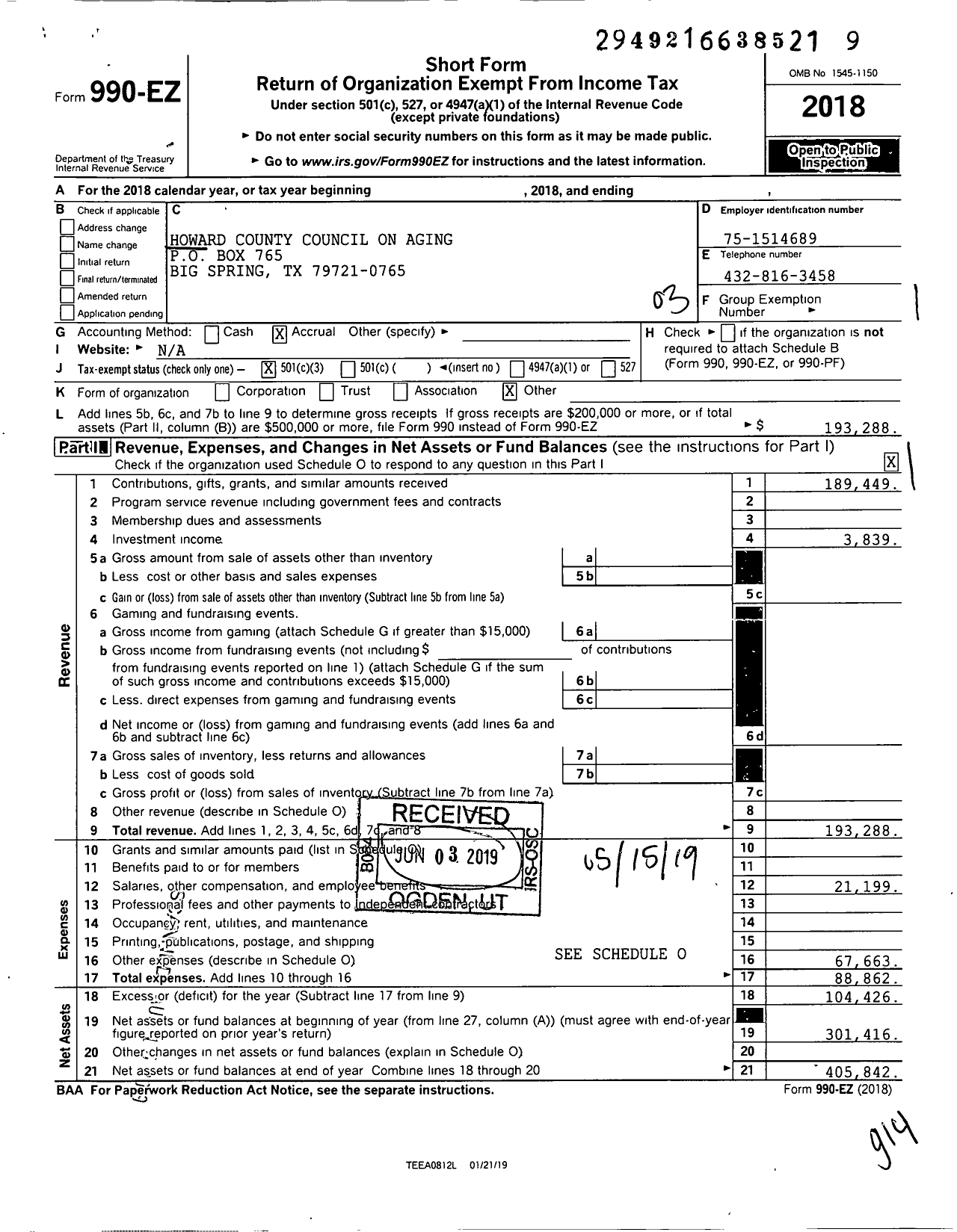 Image of first page of 2018 Form 990EZ for Howard County Council on Aging