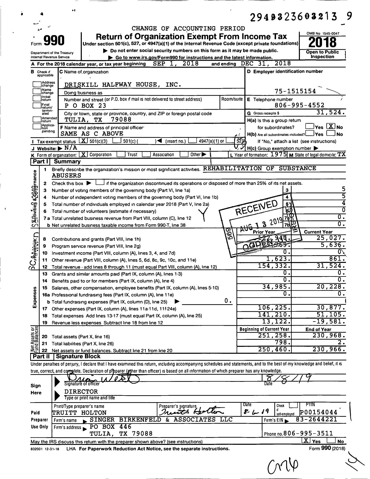 Image of first page of 2018 Form 990 for Driskill Halfway House