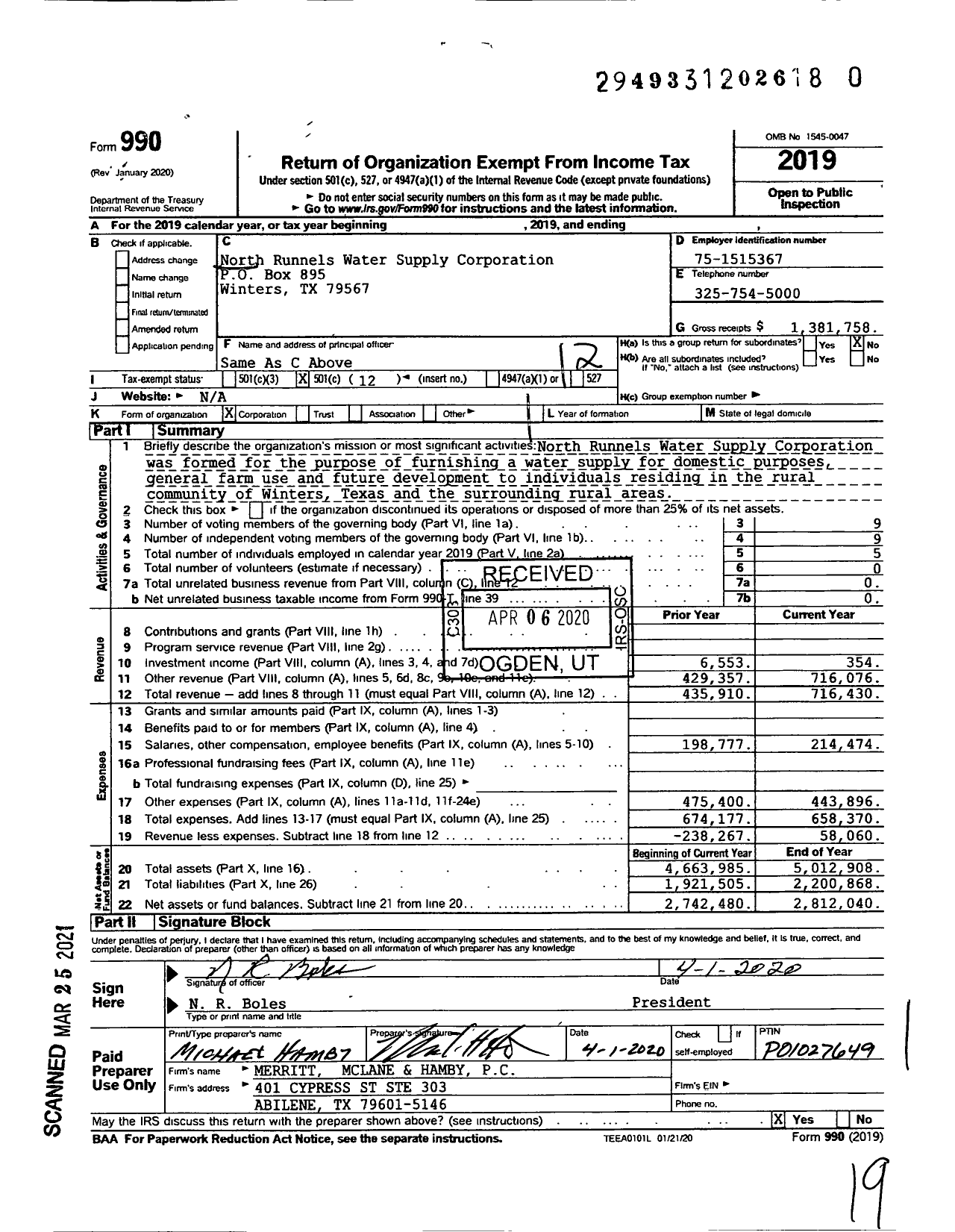 Image of first page of 2019 Form 990O for North Runnels Water Supply Corporation